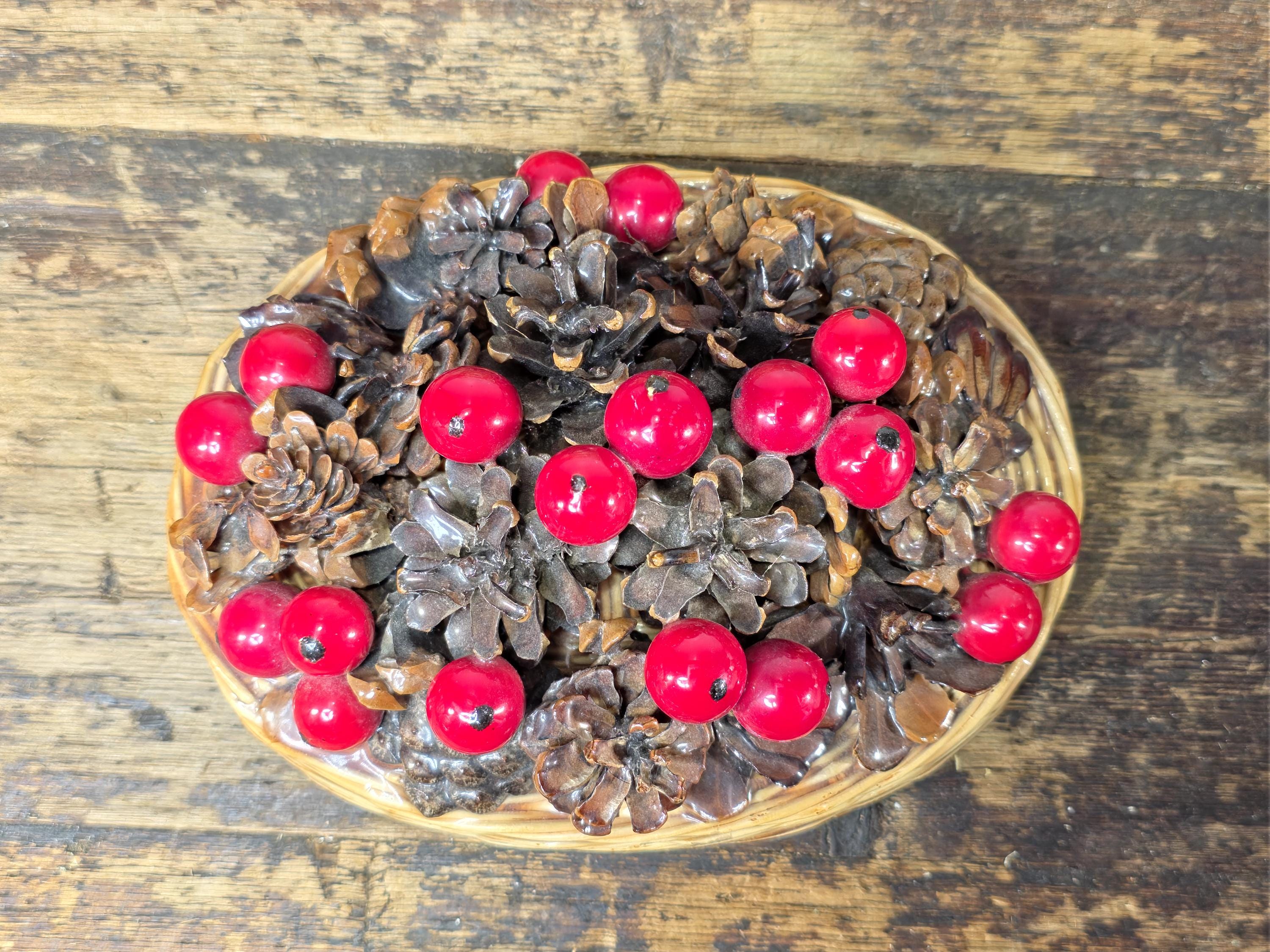 Vintage Resin Coated Wicker Basket with Pinecones and Red Berries Lid