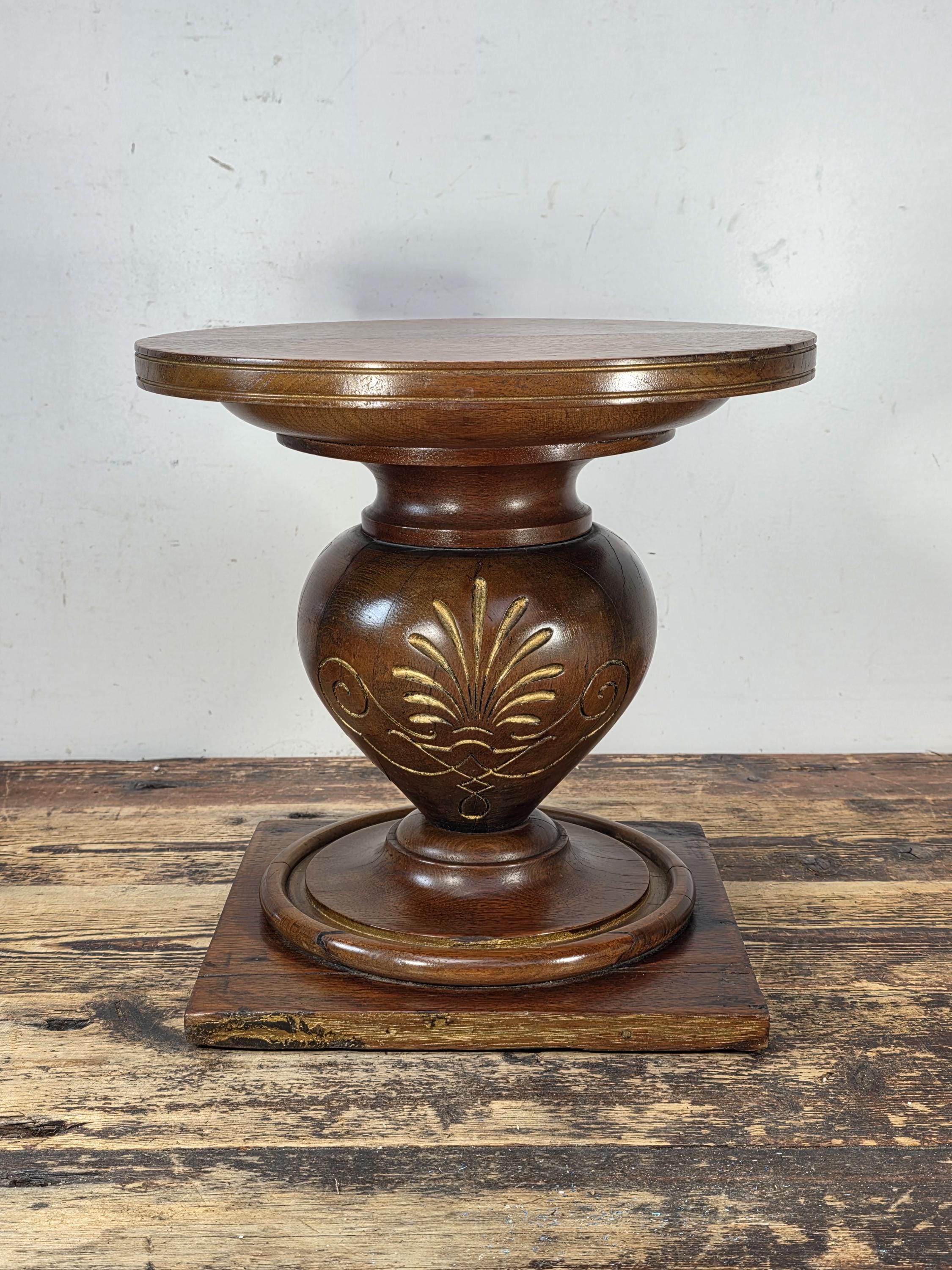 Vintage Hand-Carved Wooden Pedestal / Plant Stand — Mahogany Tone Finish 12"T