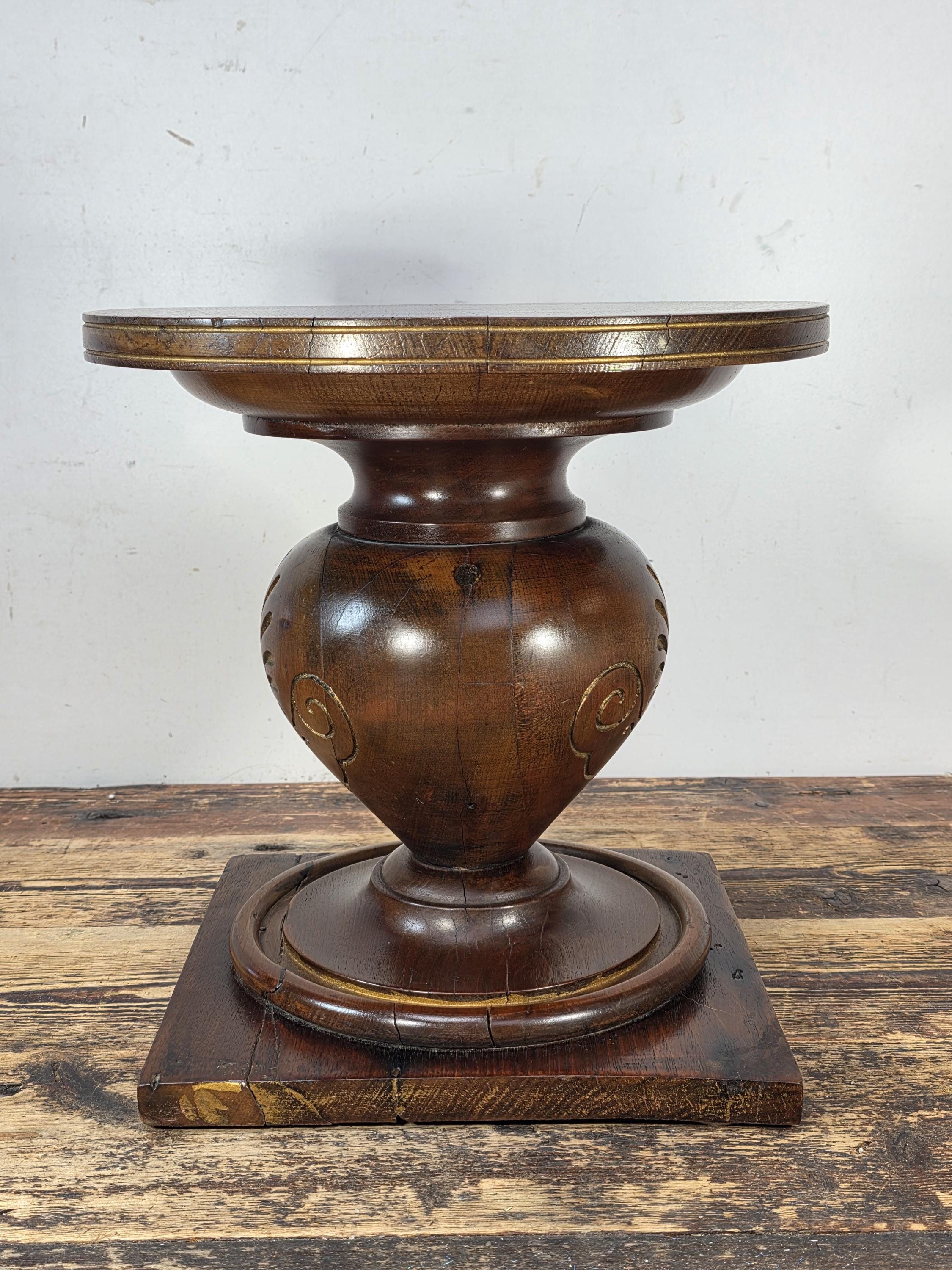 Vintage Hand-Carved Wooden Pedestal / Plant Stand — Mahogany Tone Finish 12"T