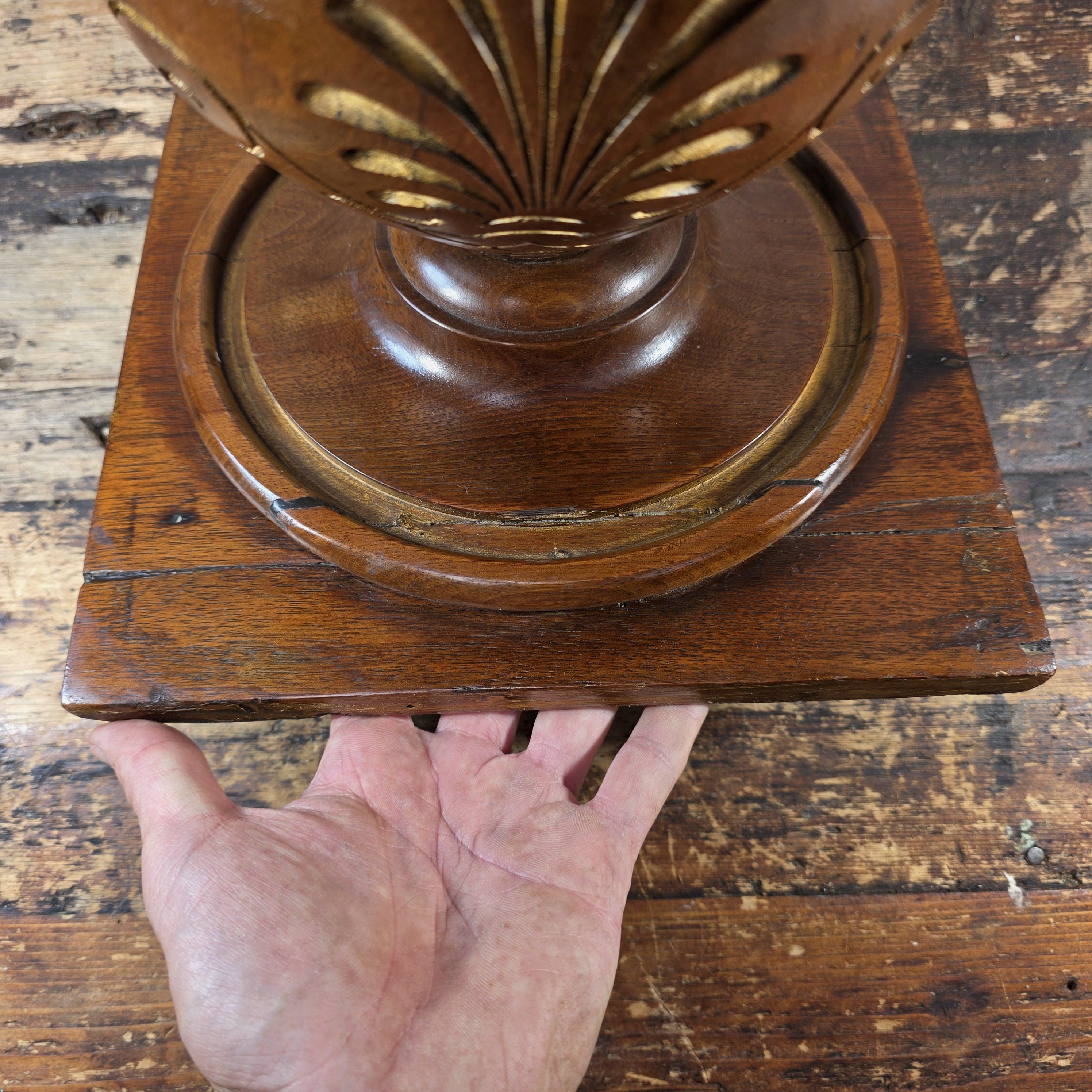 Vintage Hand-Carved Wooden Pedestal / Plant Stand — Mahogany Tone Finish 12"T