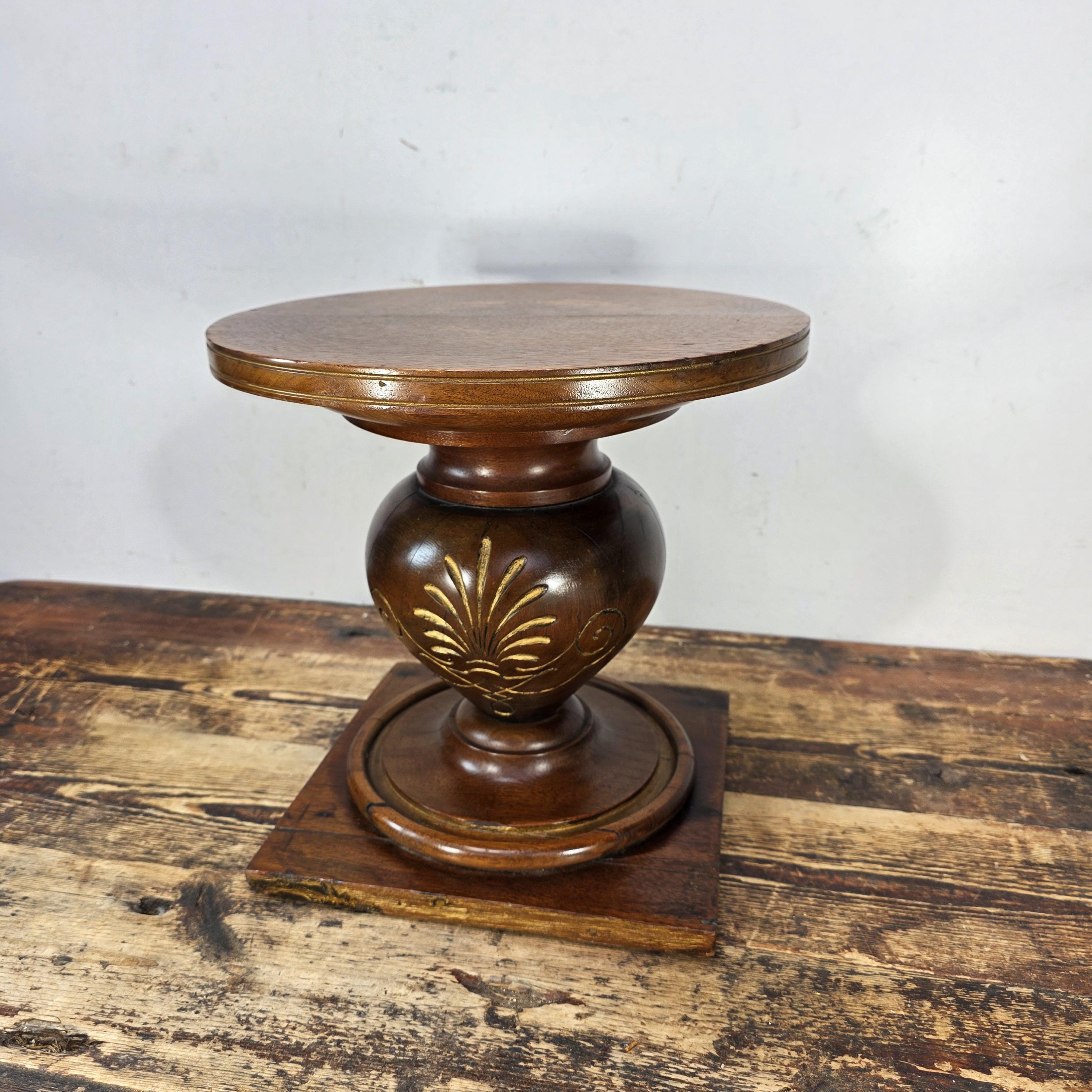 Vintage Hand-Carved Wooden Pedestal / Plant Stand — Mahogany Tone Finish 12"T