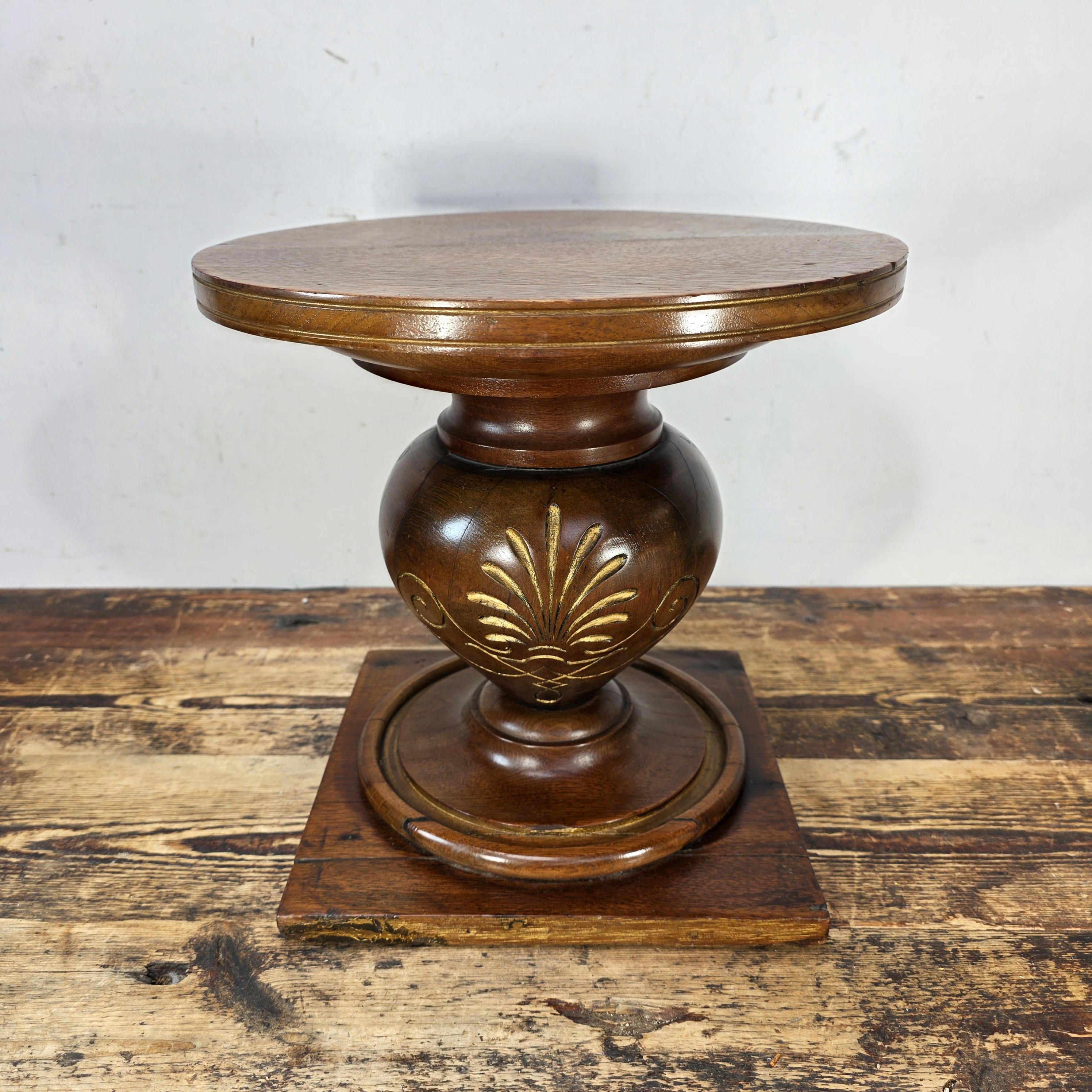 Vintage Hand-Carved Wooden Pedestal / Plant Stand — Mahogany Tone Finish 12"T