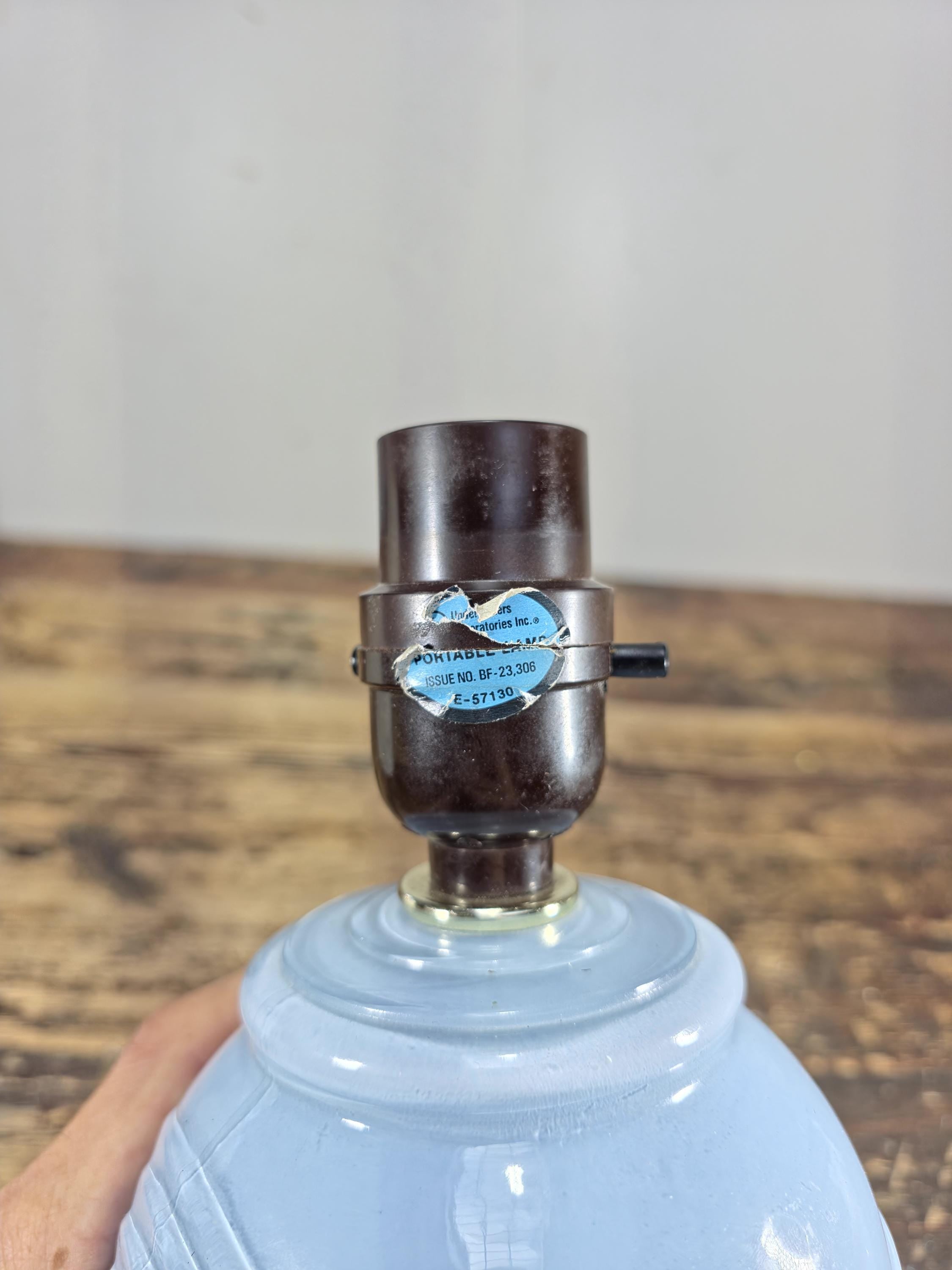 Mid-Century Blue Swirl Glass Table Lamp with Shade 14"T