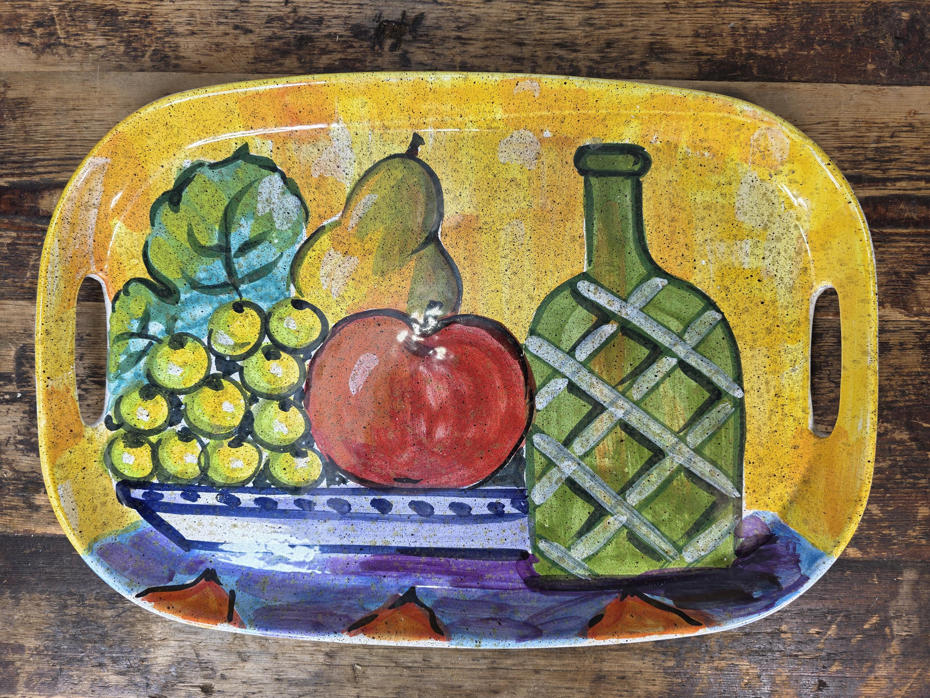 Vintage Italian Hand-Painted Pottery Tray – Fruits & Bottle Design