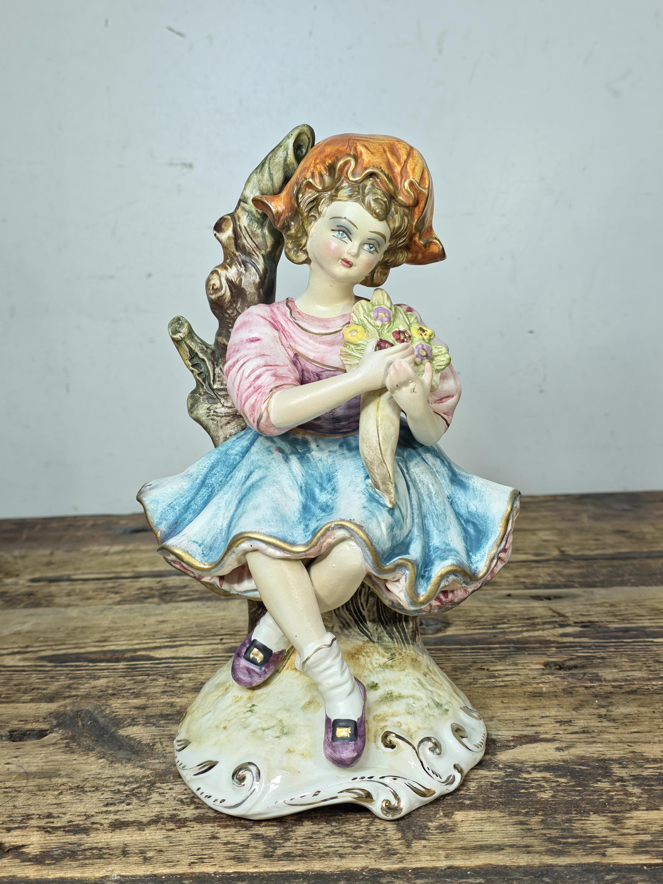 Vintage Italian Porcelain Girl Figurine — Capodimonte Style, Crown N Mark 10.5"T