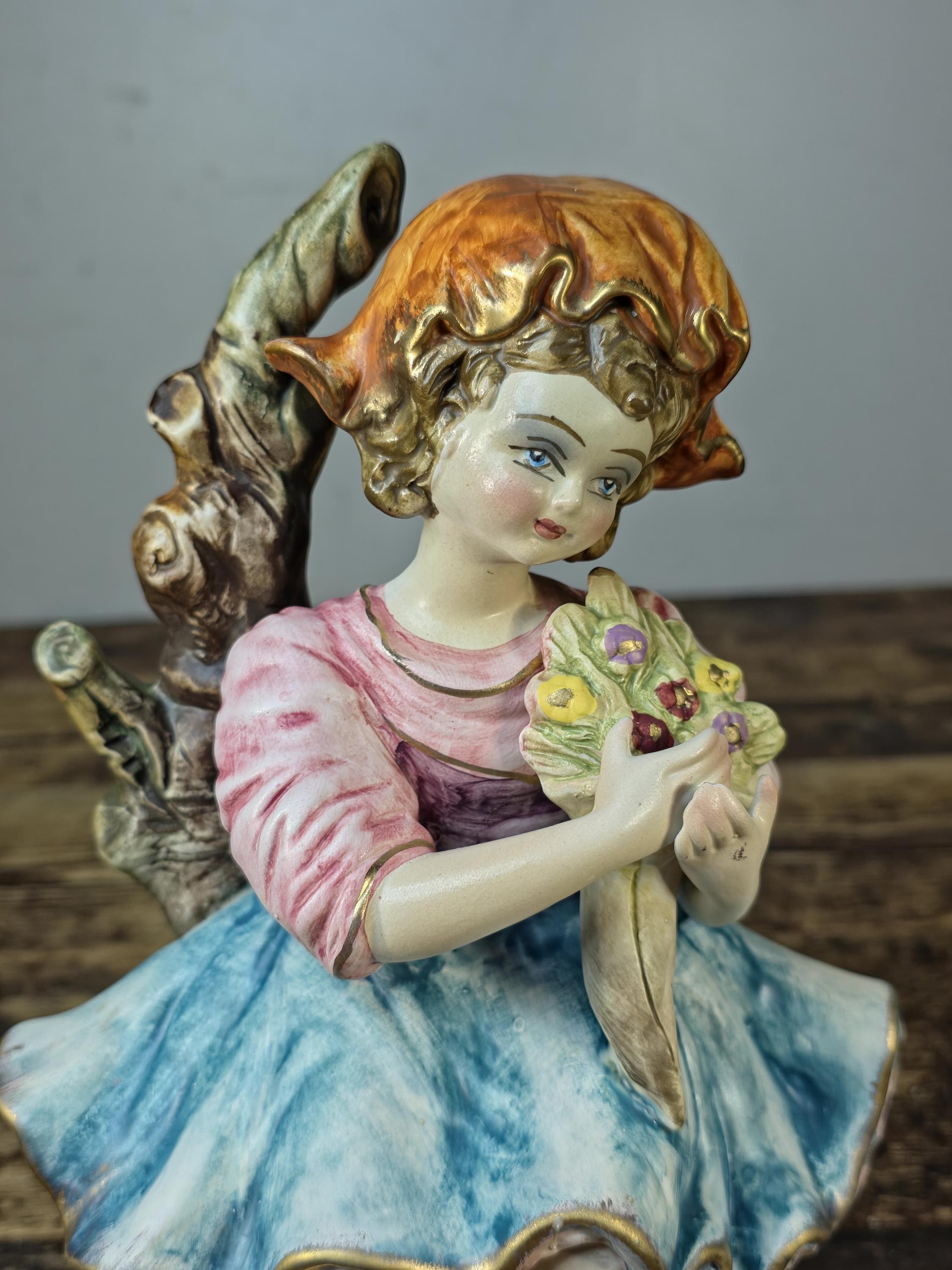 Vintage Italian Porcelain Girl Figurine — Capodimonte Style, Crown N Mark 10.5"T