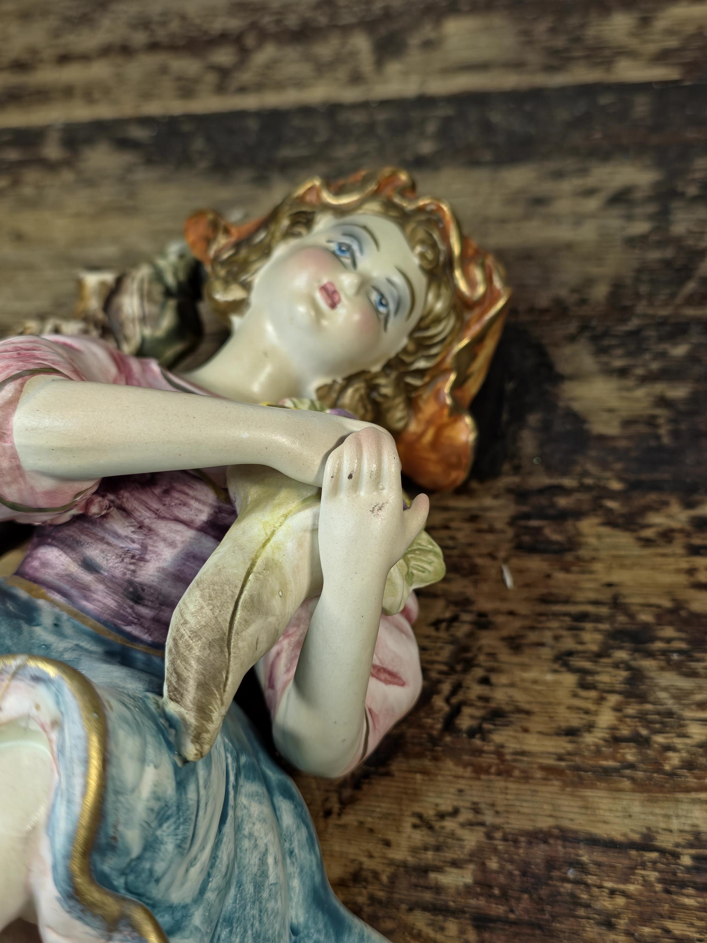 Vintage Italian Porcelain Girl Figurine — Capodimonte Style, Crown N Mark 10.5"T