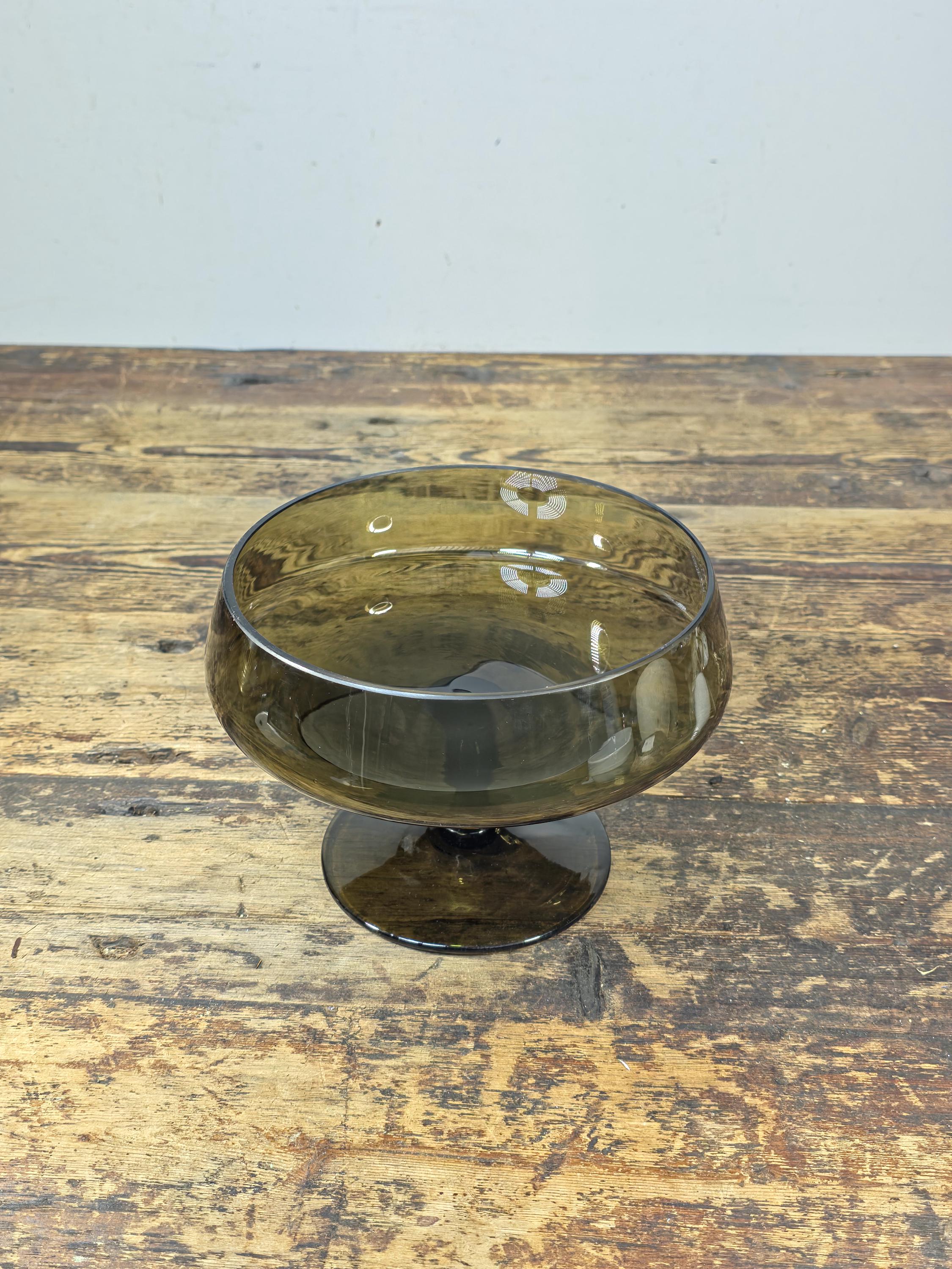 Vintage Olive Green Art Glass Compote Bowl Hand Blown Mid-Century Pedestal Dish