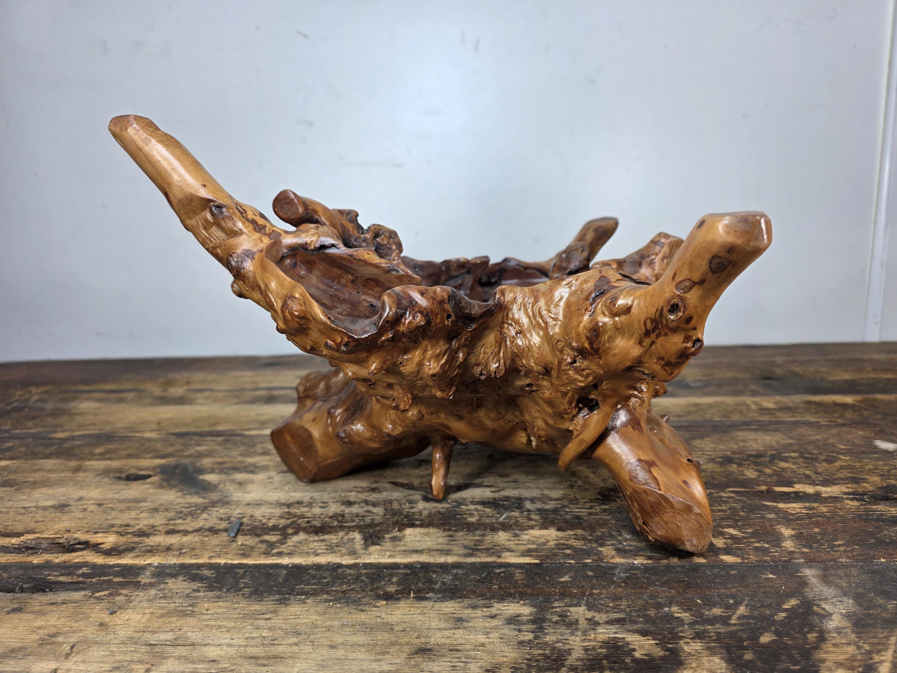Vintage Hand-Carved Burl Wood Root Bowl / Sculpture — Natural Freeform 17" x 11"