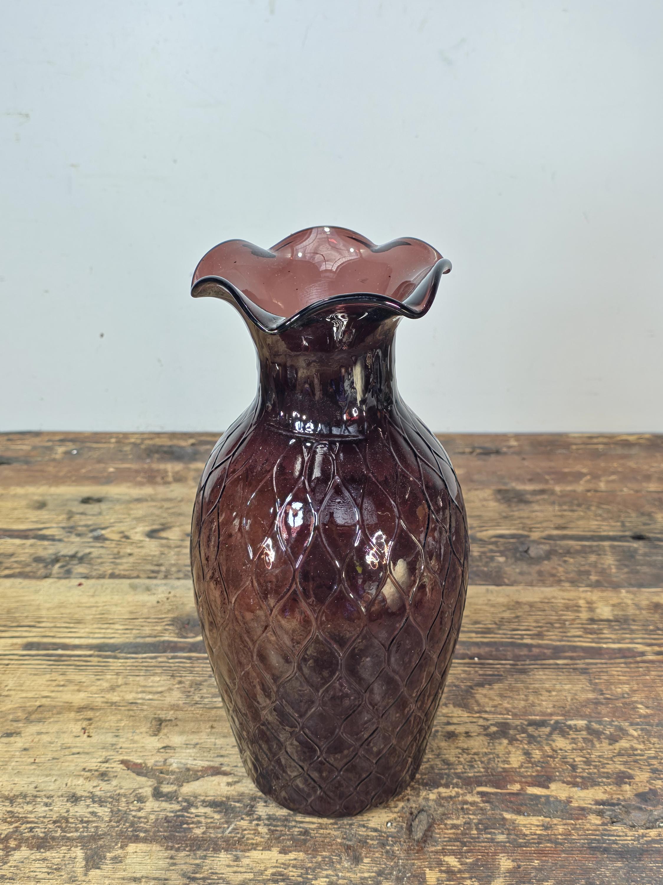 Mid-Century Amethyst Diamond Optic Glass Vase 12.5" — Empoli Style Hand-Blown