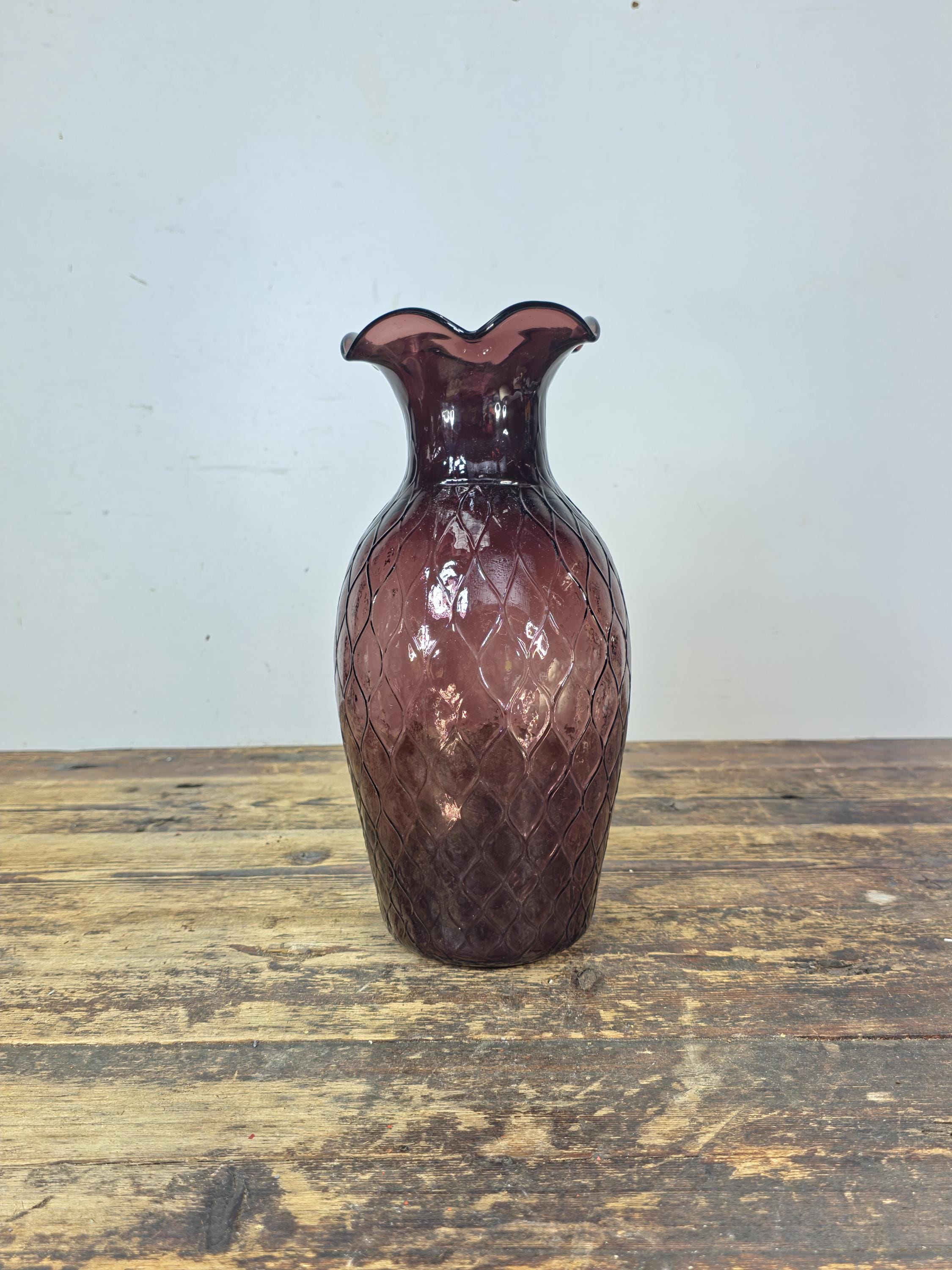 Mid-Century Amethyst Diamond Optic Glass Vase 12.5" — Empoli Style Hand-Blown