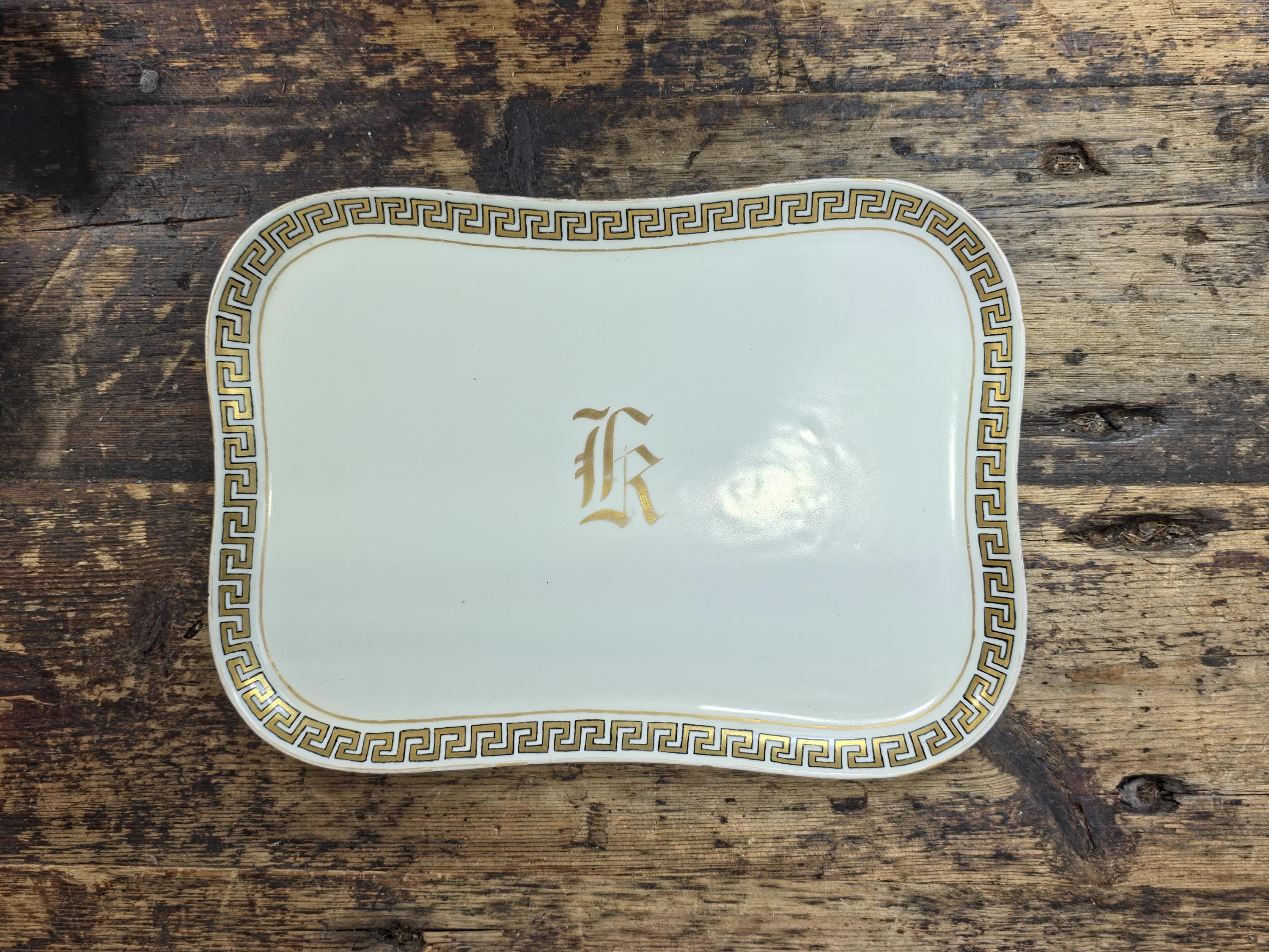 Limoges France Porcelain Tray with Gilt Monogram & Greek Key Border — c.1900s