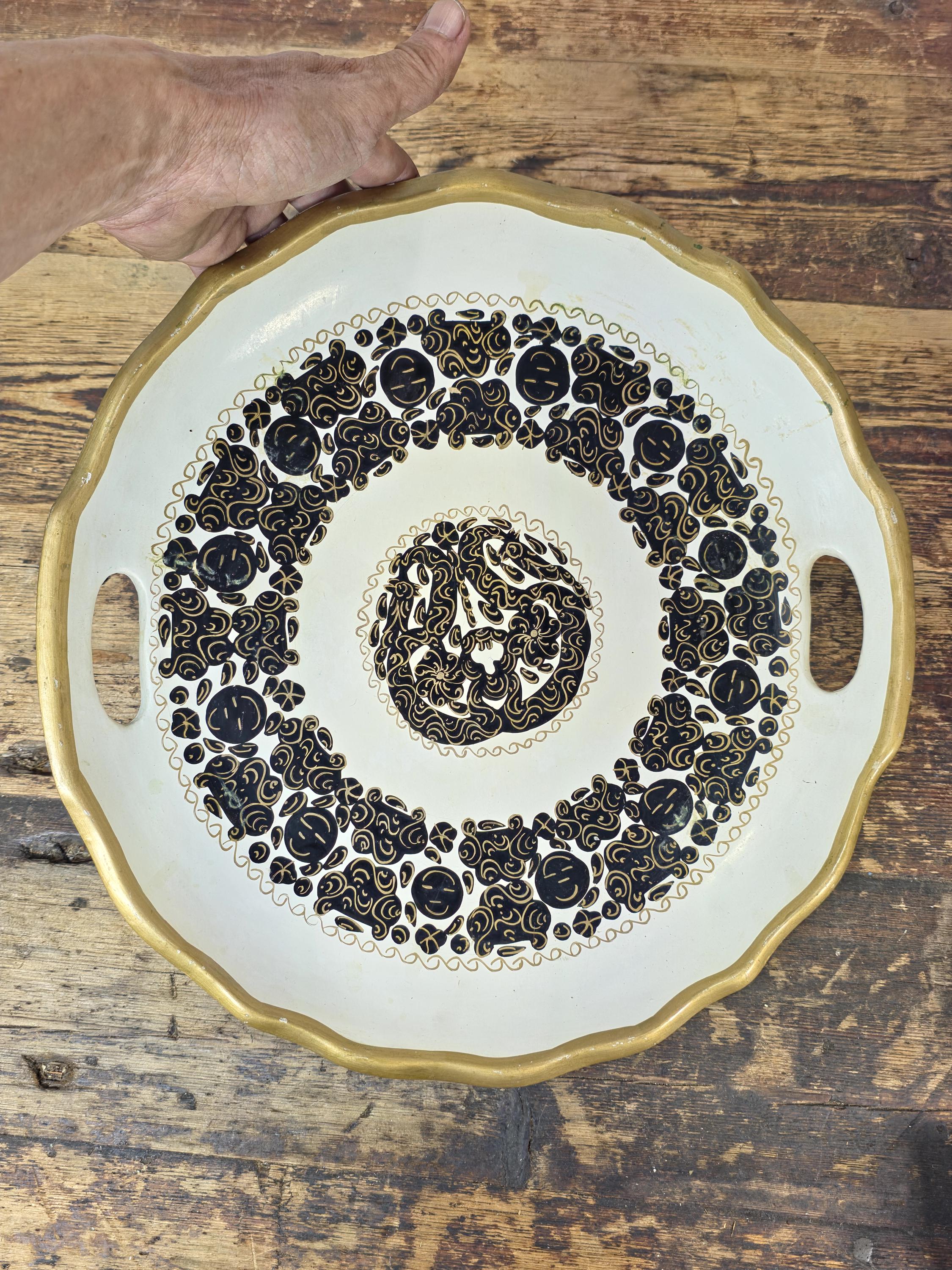 Vintage Florentine-Style Black & Gold Decorative Tray, Lightweight Composite 14"