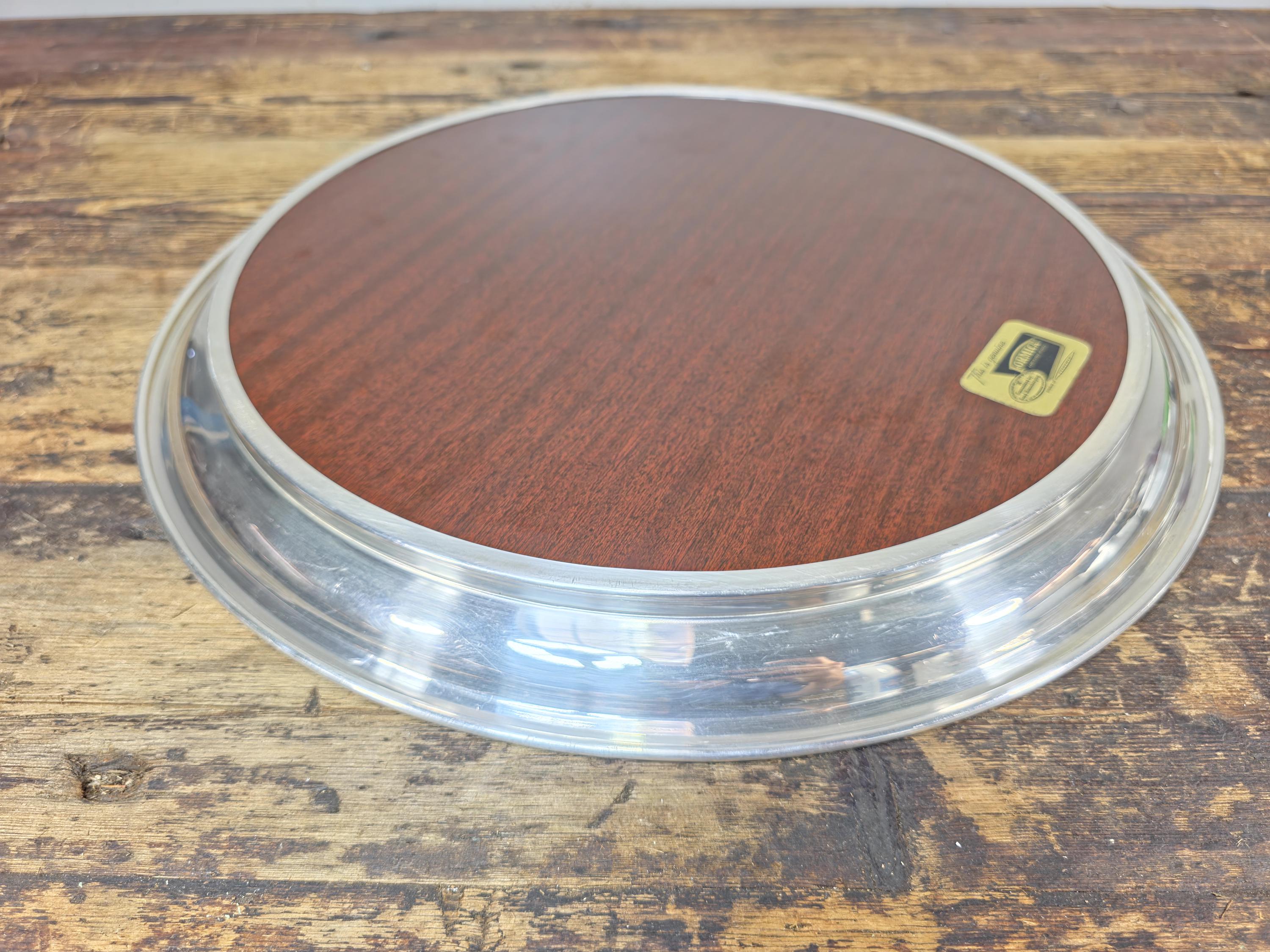 Vintage Formica Woodgrain Tray w/ Silver-Plated Aluminum Rim 16.5" — Mid Century