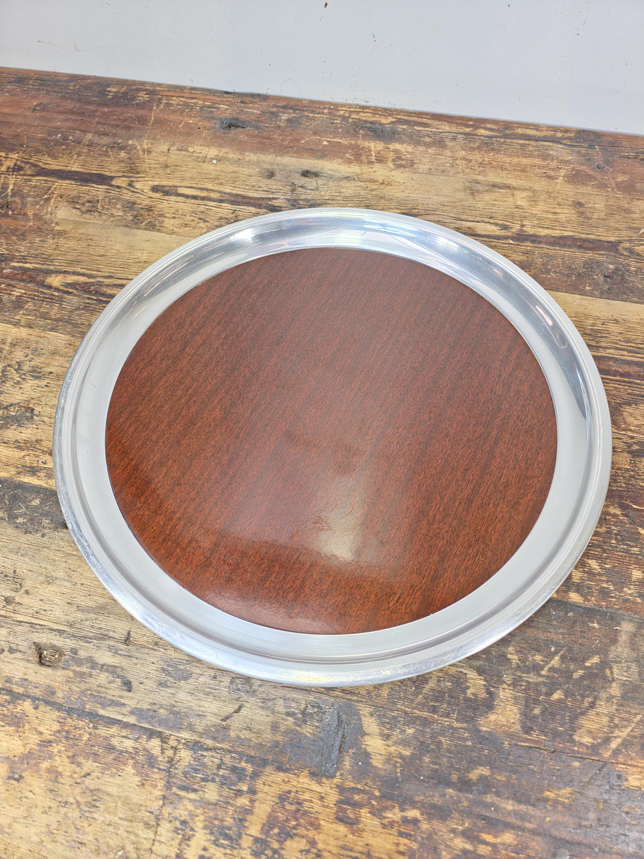 Vintage Formica Woodgrain Tray w/ Silver-Plated Aluminum Rim 16.5" — Mid Century