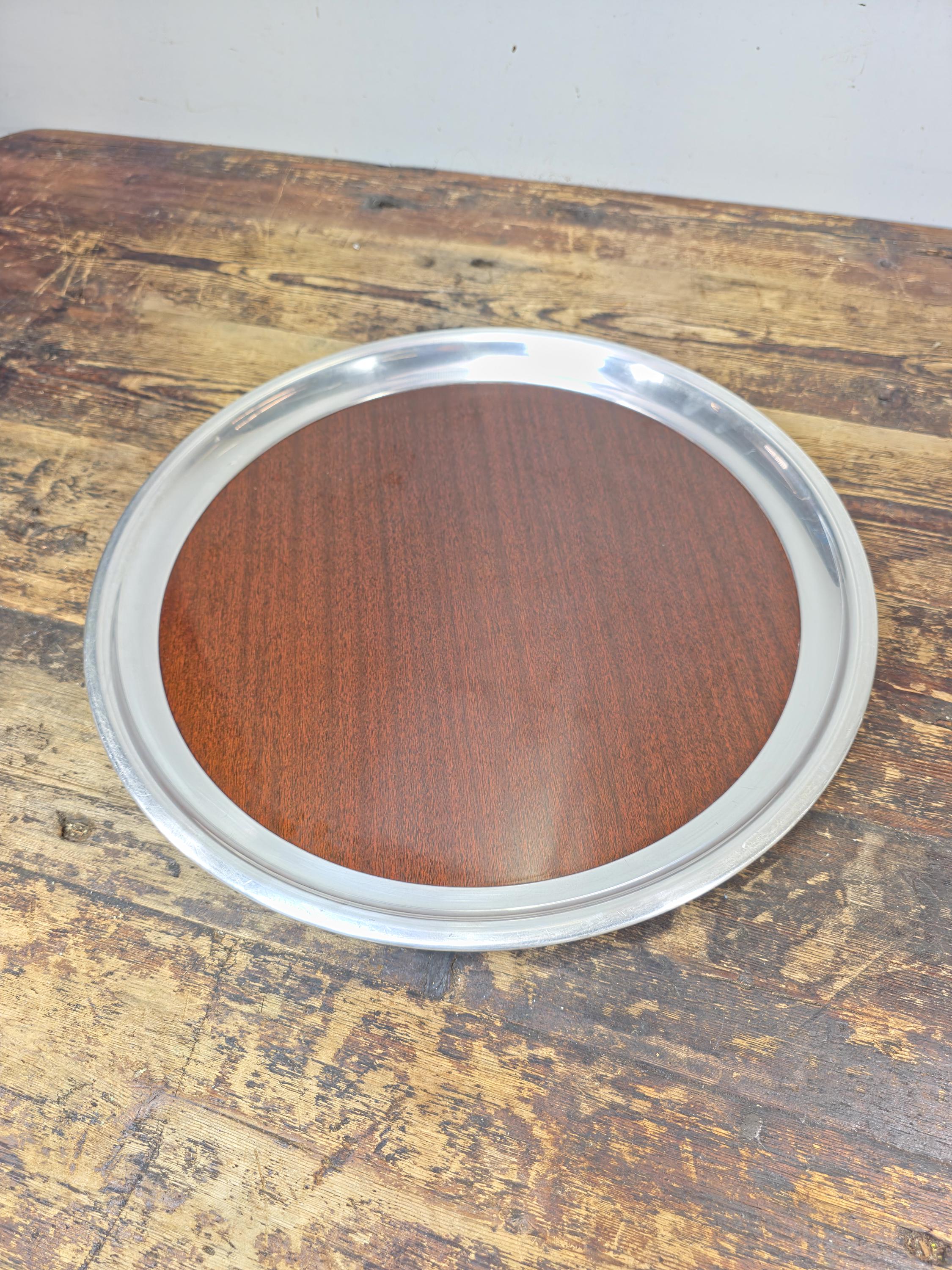 Vintage Formica Woodgrain Tray w/ Silver-Plated Aluminum Rim 16.5" — Mid Century