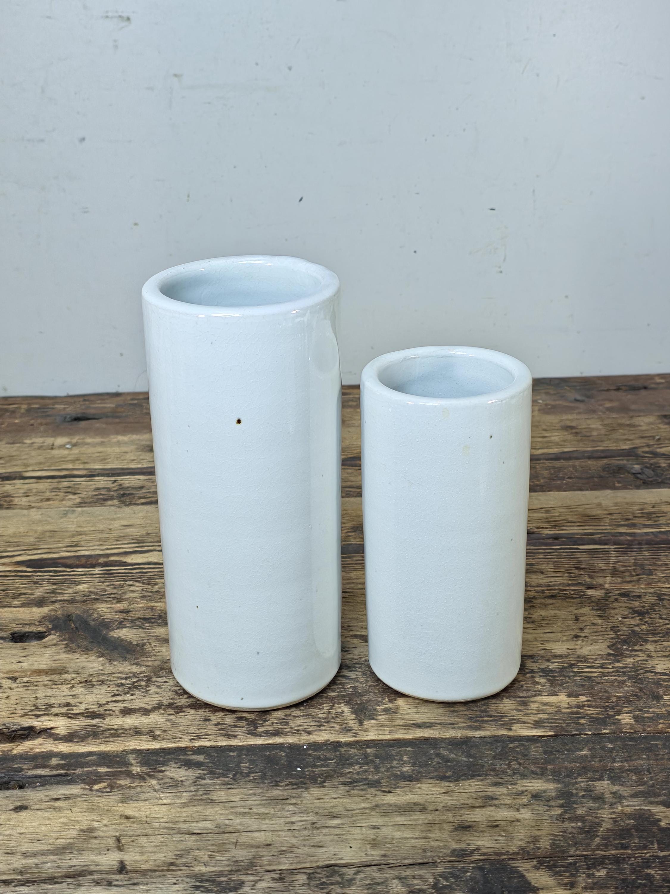 Signed Studio Pottery Vase Pair White Crackle Glaze Cylinders Modernist Style