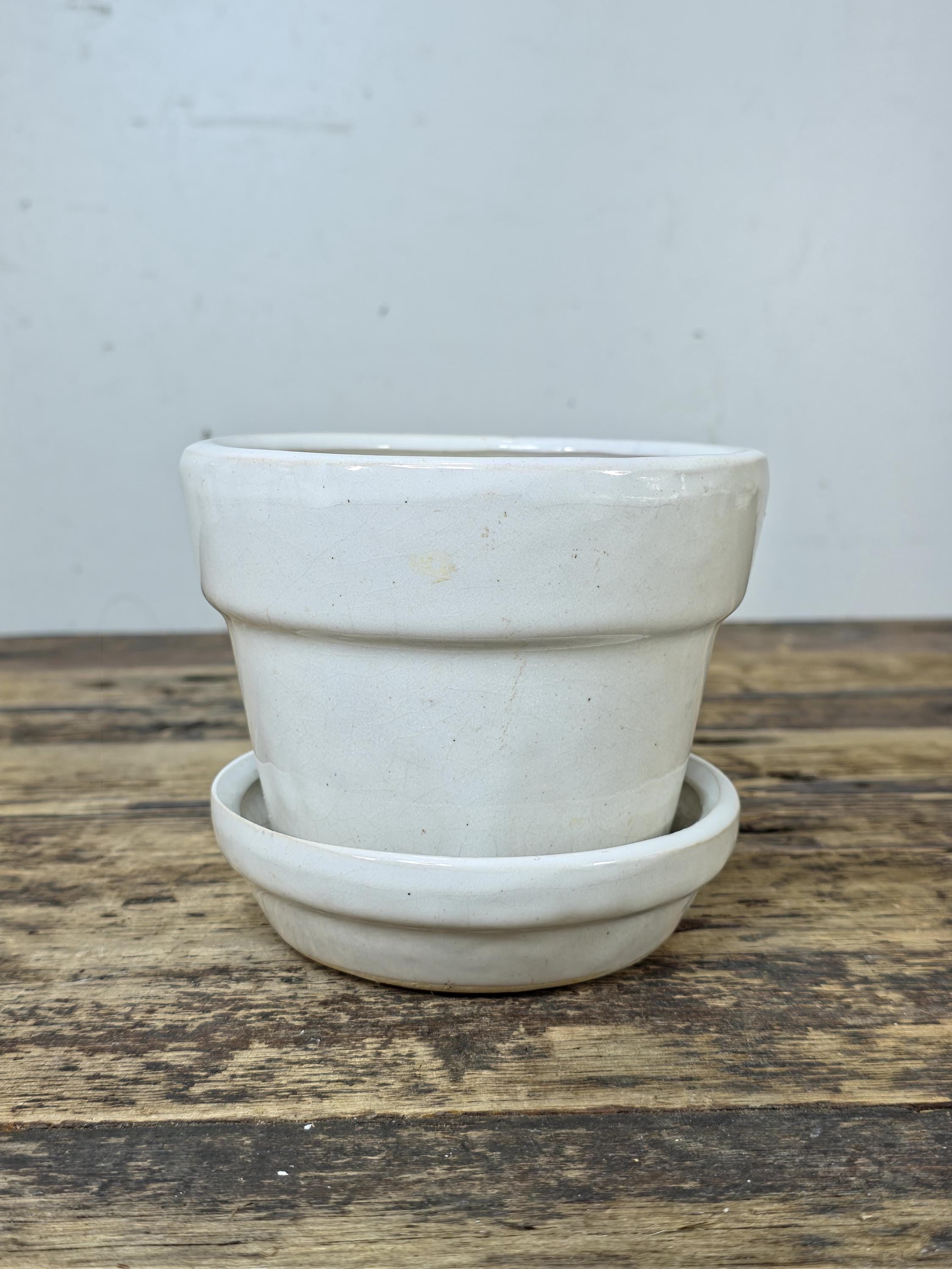 Vintage Small White Glazed Pottery Planter with Saucer — Minimalist Studio Style