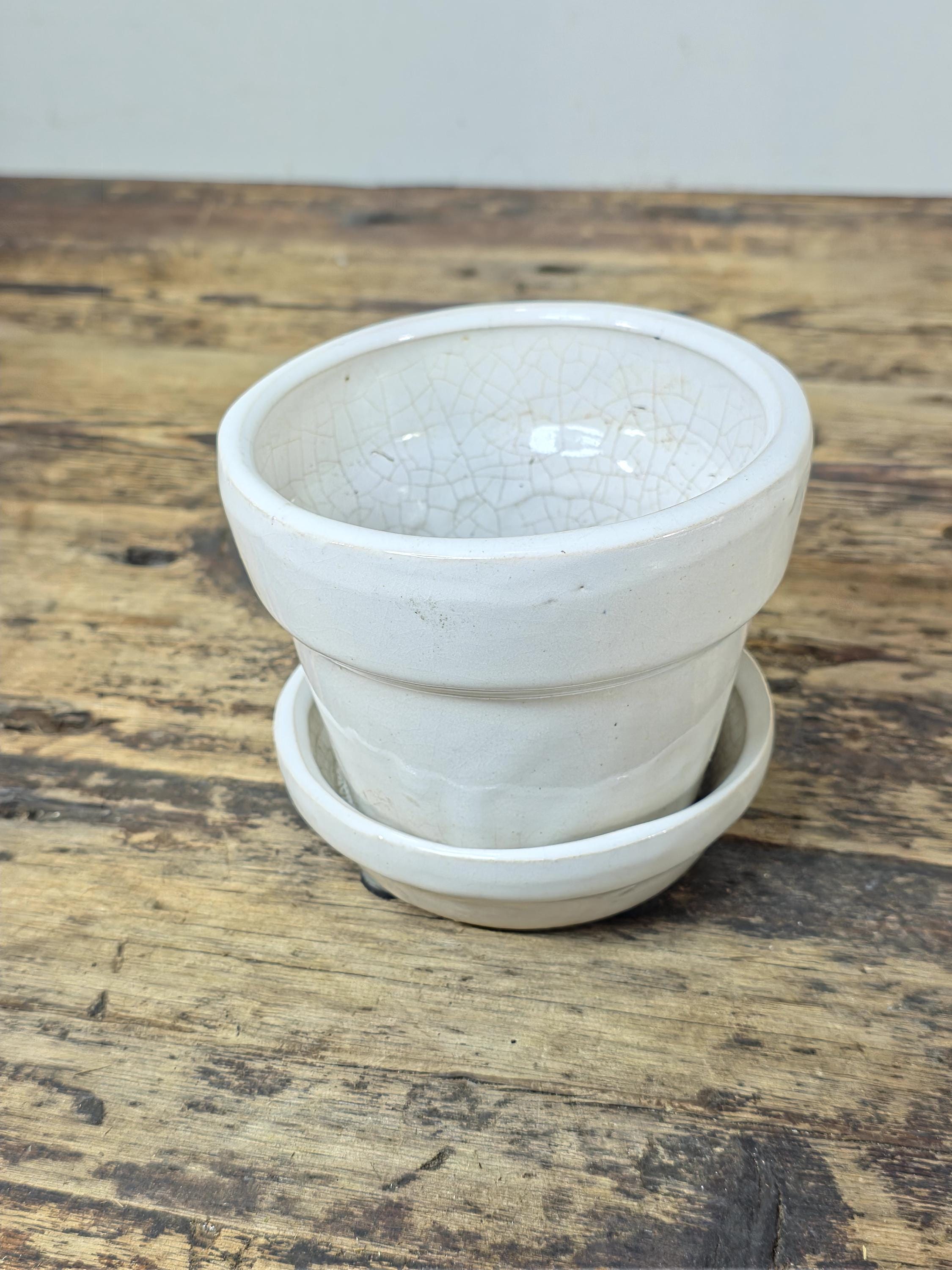 Vintage Small White Glazed Pottery Planter with Saucer — Minimalist Studio Style