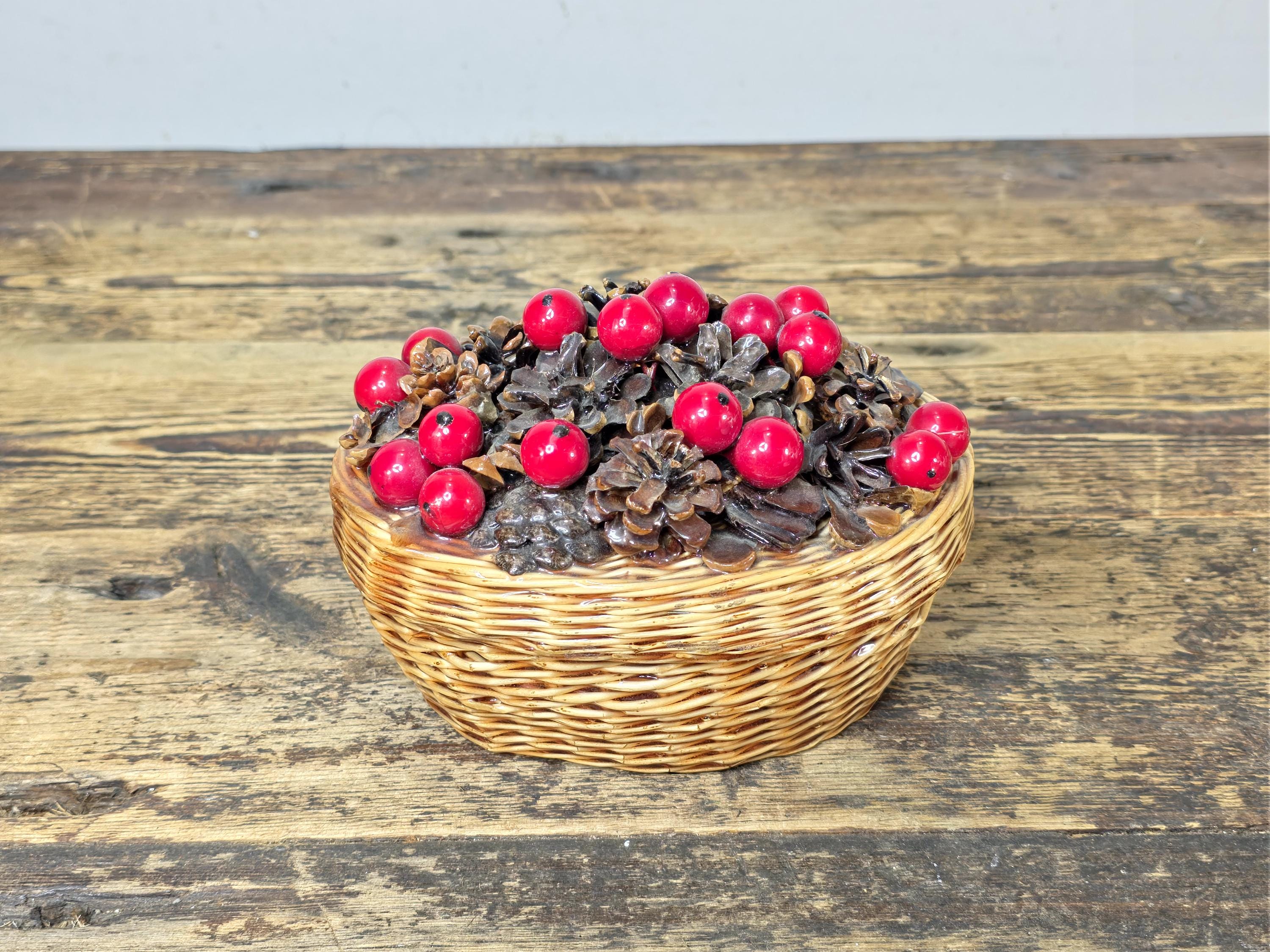 Vintage Resin Coated Wicker Basket with Pinecones and Red Berries Lid