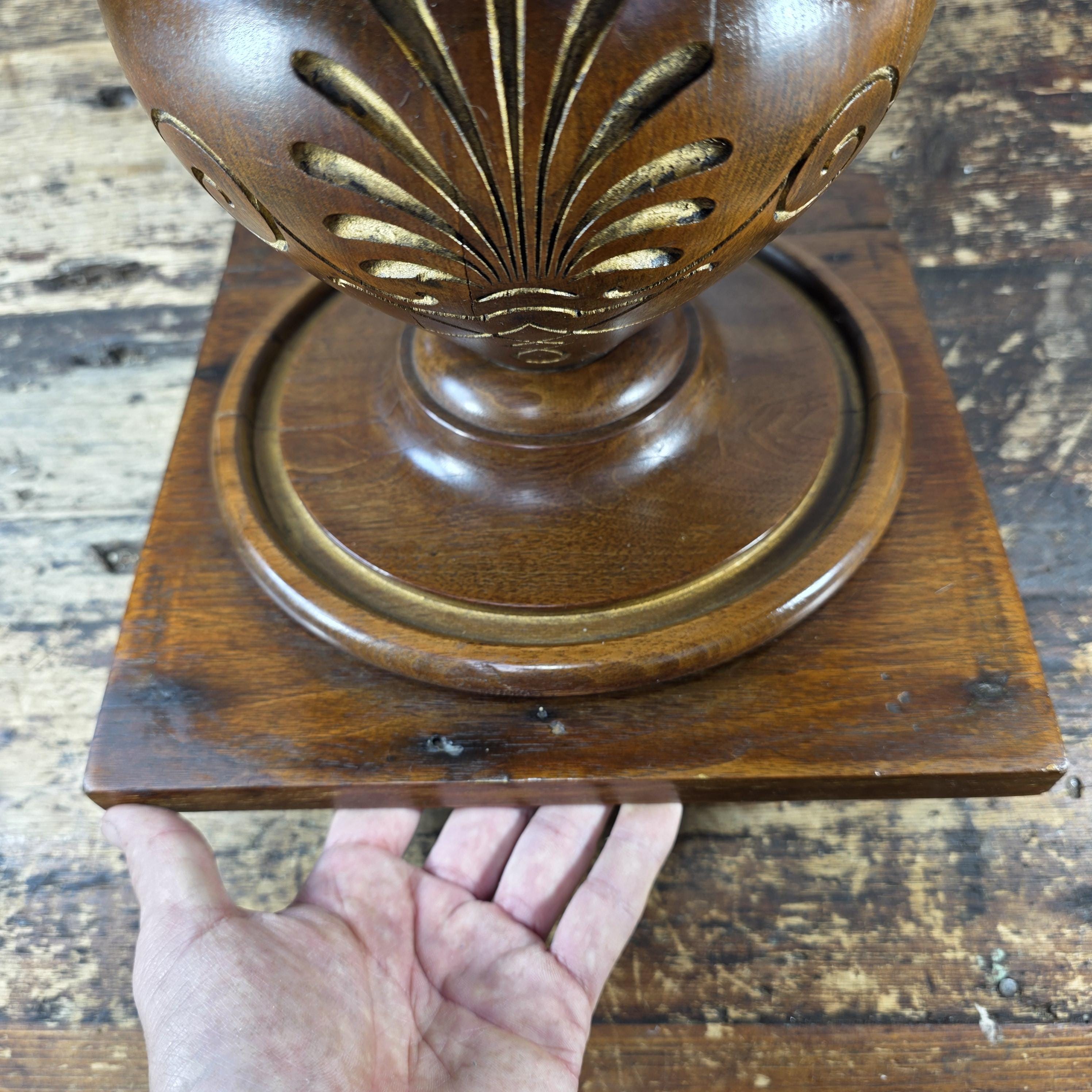 Vintage Hand-Carved Wooden Pedestal / Plant Stand — Mahogany Tone Finish 12"T