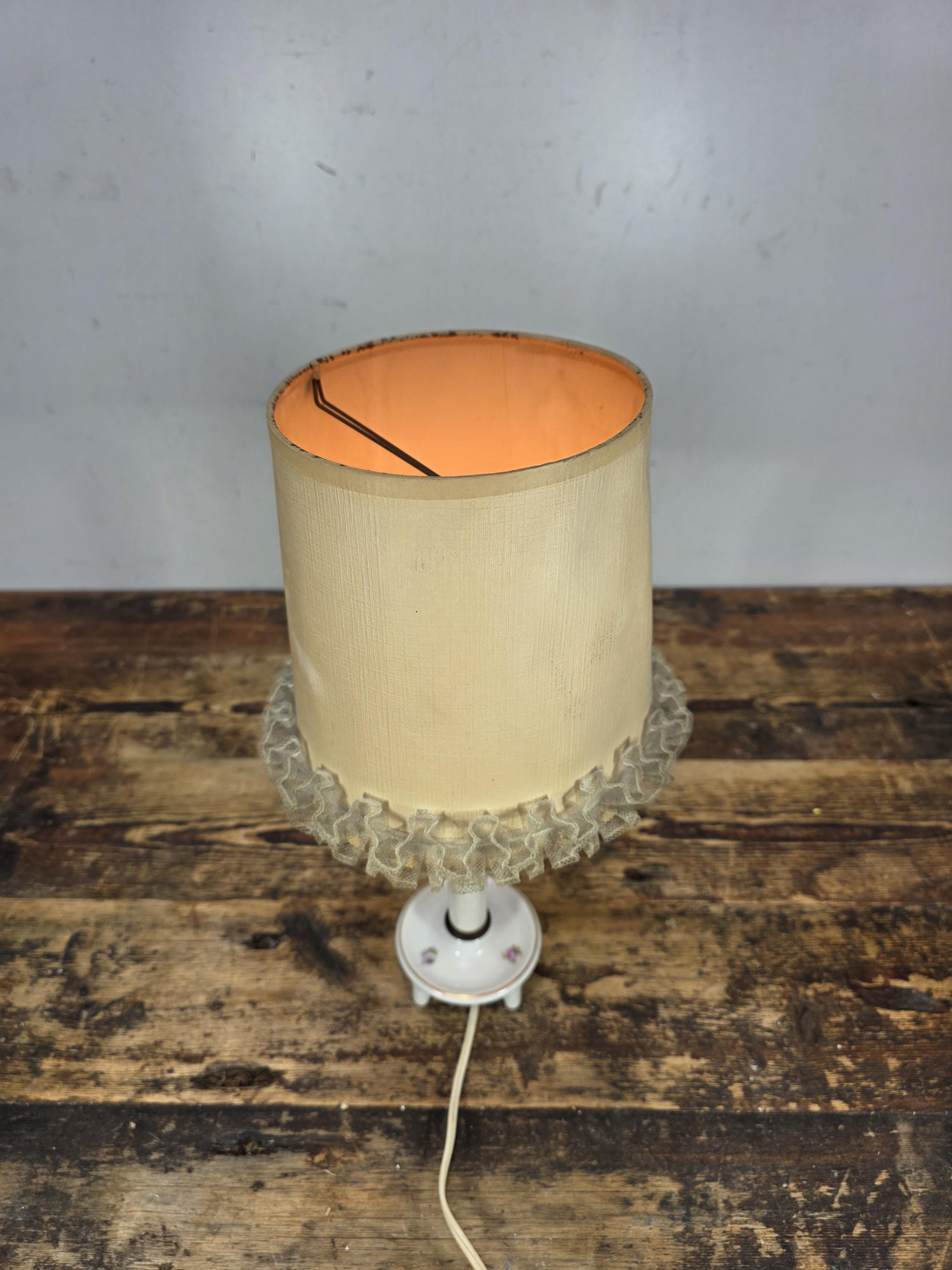 Vintage Porcelain Table Lamp with Original Fabric Shade – 1950s Floral Design