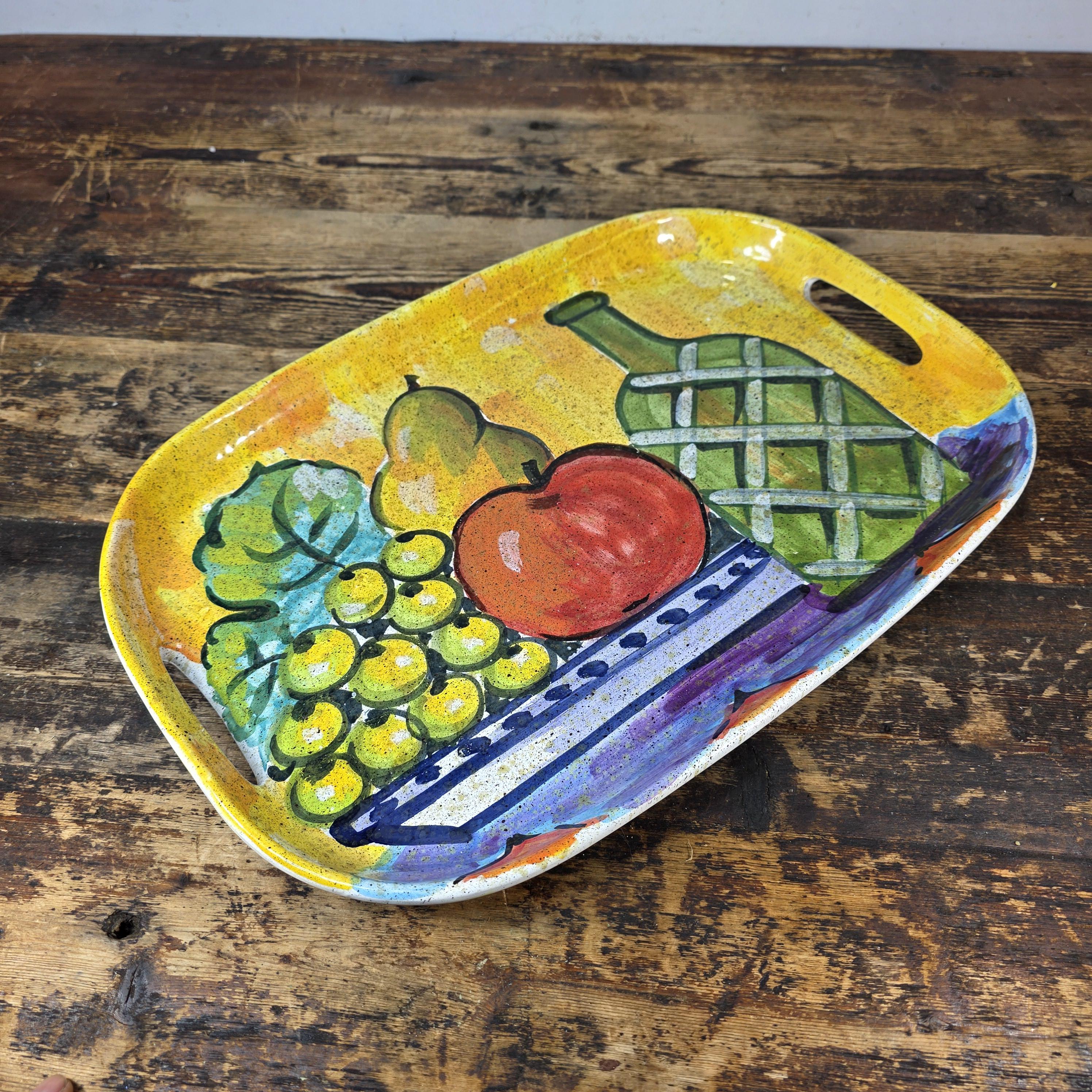 Vintage Italian Hand-Painted Pottery Tray – Fruits & Bottle Design