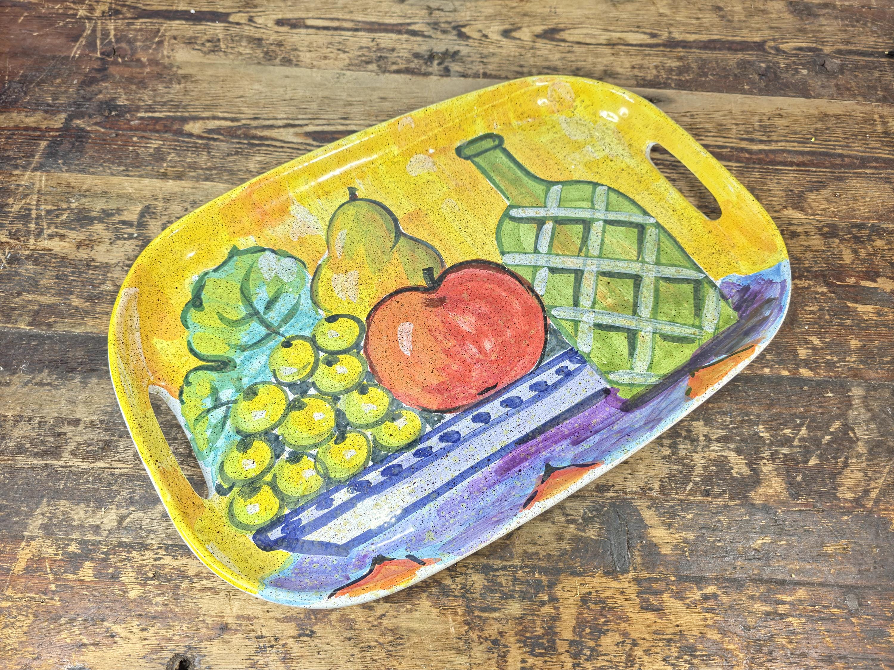 Vintage Italian Hand-Painted Pottery Tray – Fruits & Bottle Design