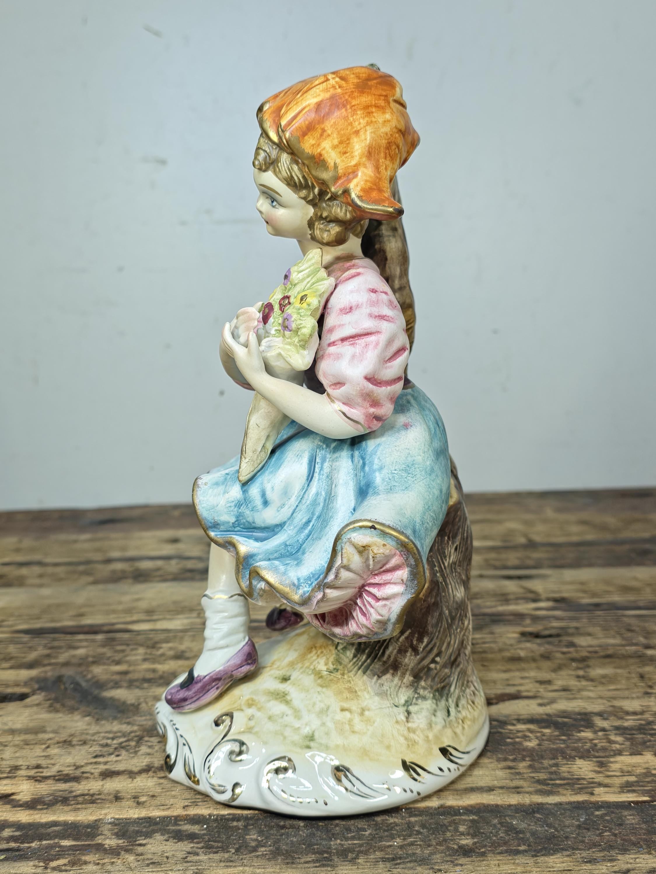 Vintage Italian Porcelain Girl Figurine — Capodimonte Style, Crown N Mark 10.5"T