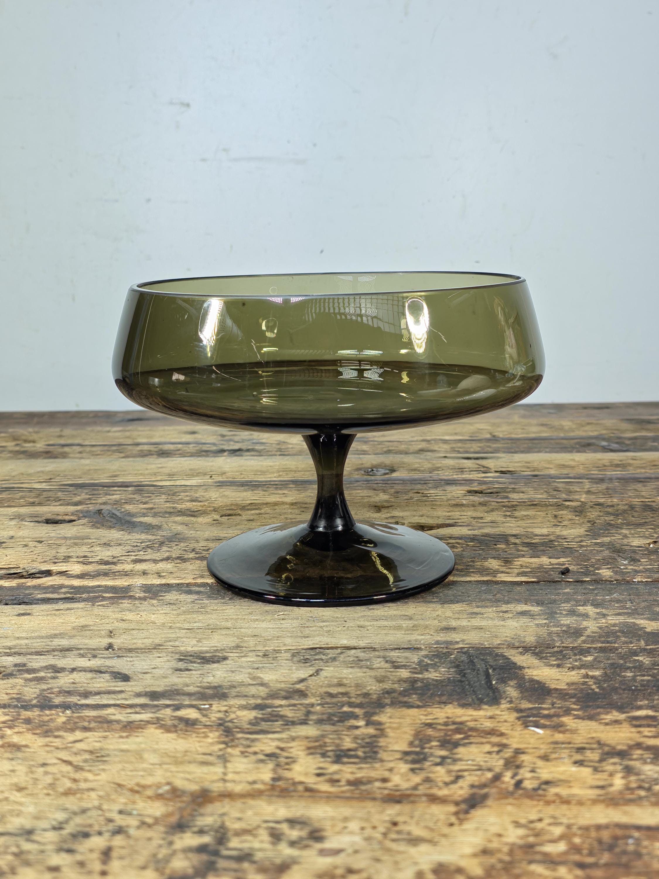 Vintage Olive Green Art Glass Compote Bowl Hand Blown Mid-Century Pedestal Dish