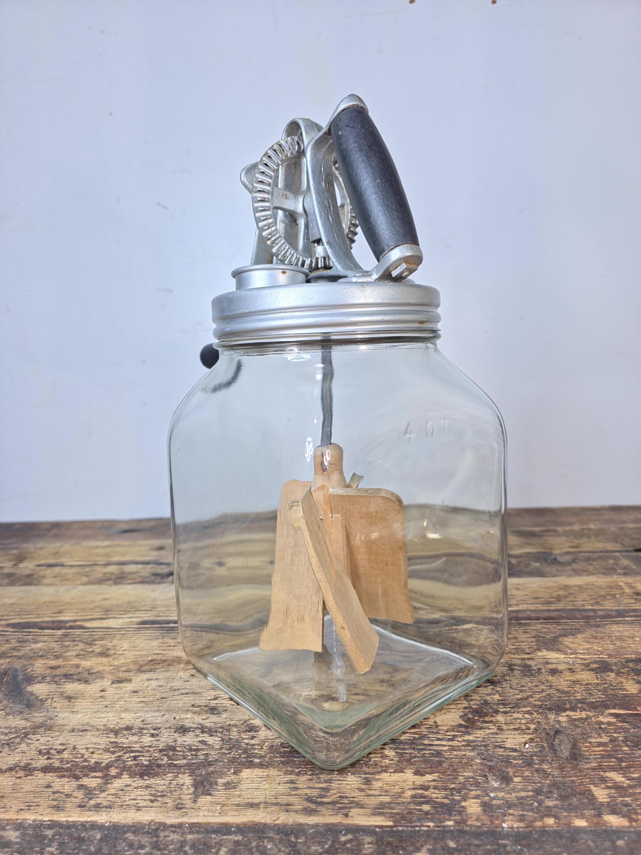 Vintage 4-Quart Glass Butter Churn with Hand-Crank Gear — FC Marked