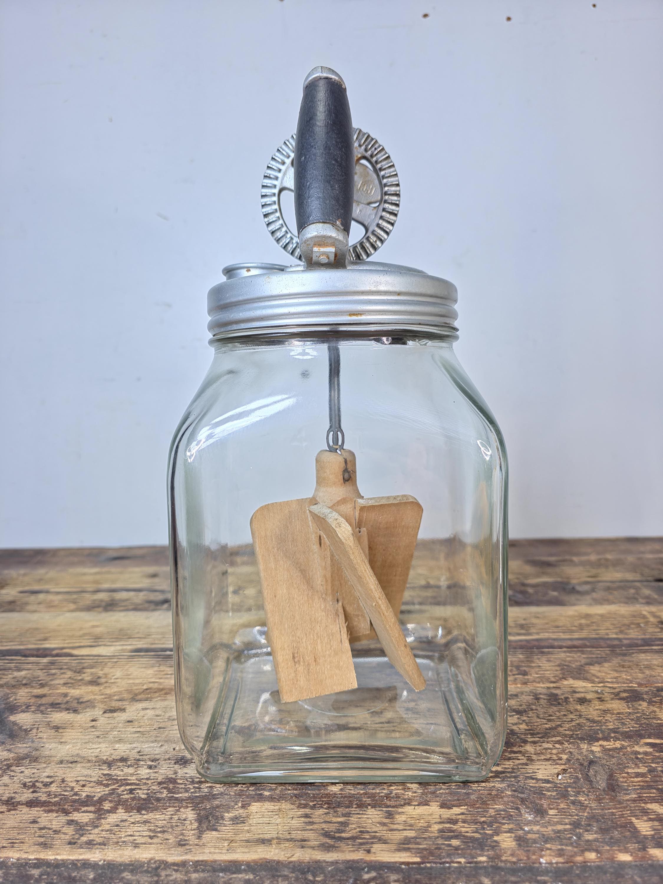 Vintage 4-Quart Glass Butter Churn with Hand-Crank Gear — FC Marked