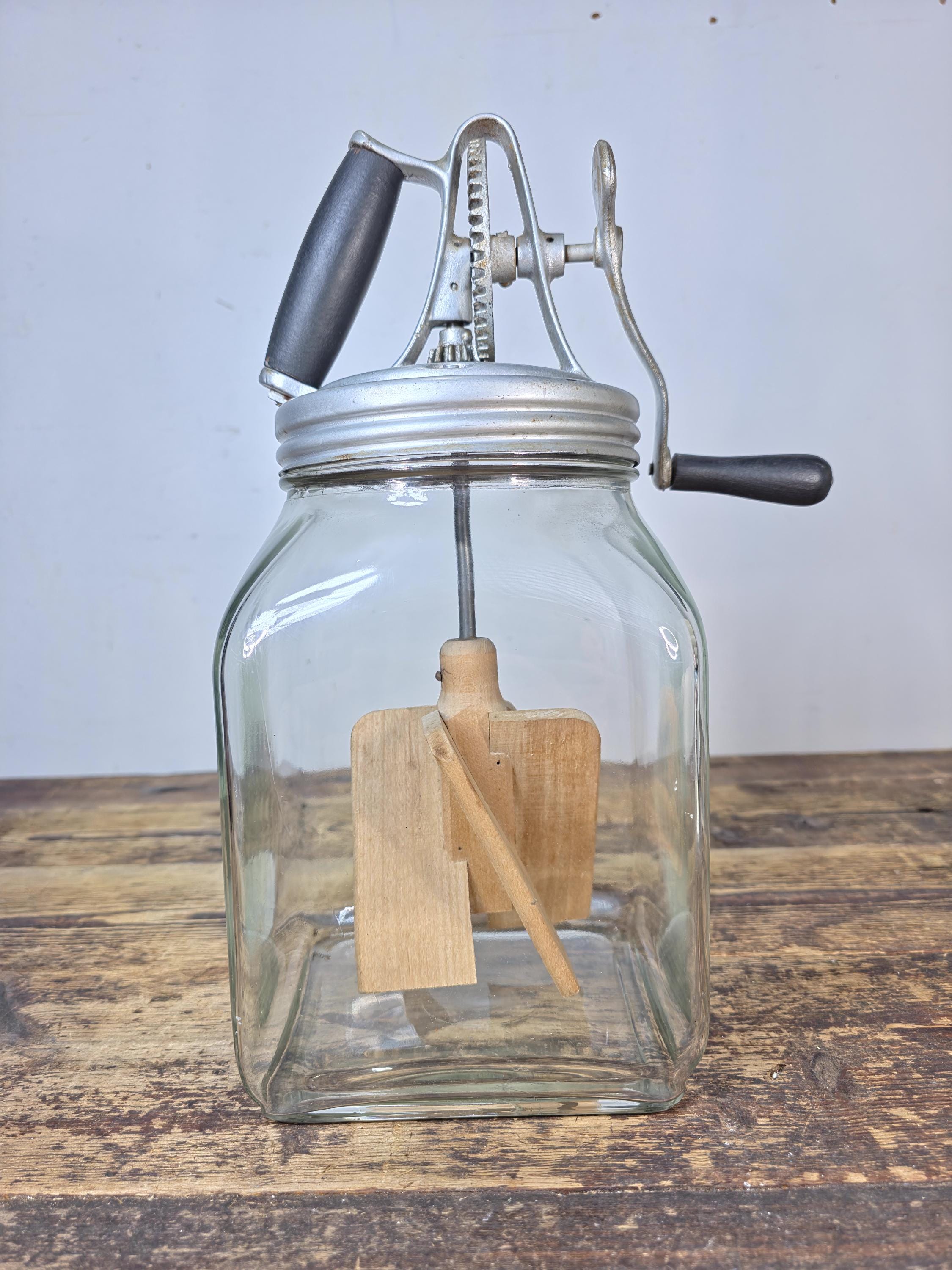 Vintage 4-Quart Glass Butter Churn with Hand-Crank Gear — FC Marked