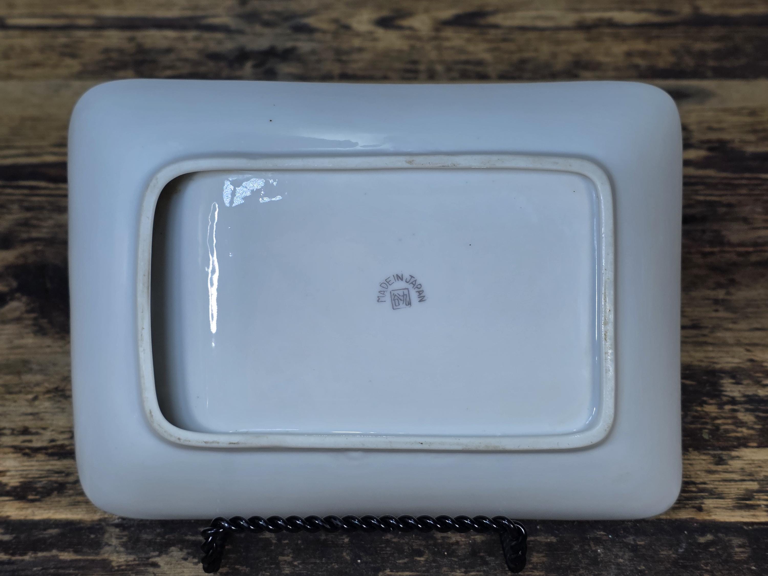 Kutani Japan White Porcelain Ashtray with Raised Chrysanthemum & Silver Trim