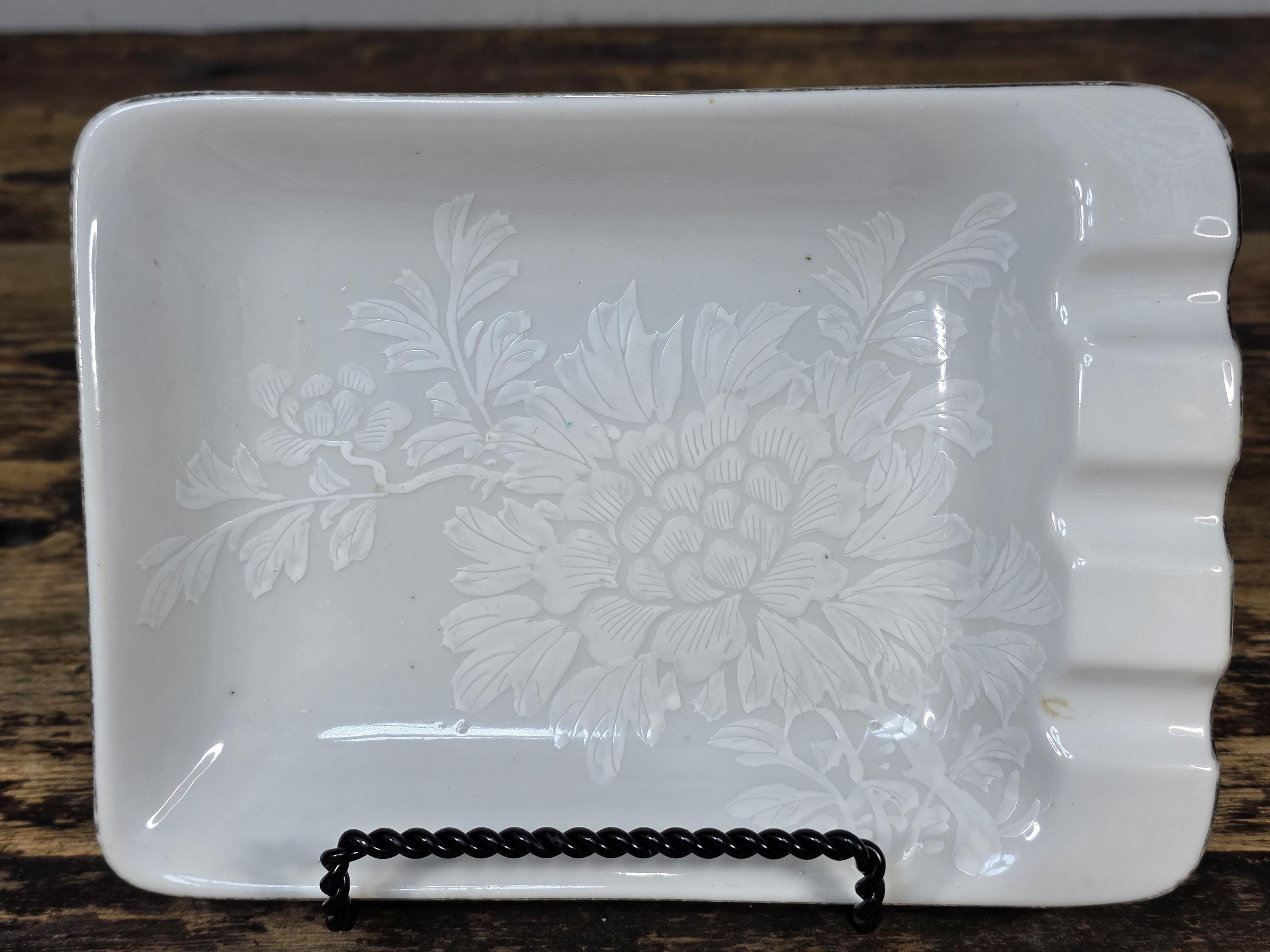 Kutani Japan White Porcelain Ashtray with Raised Chrysanthemum & Silver Trim