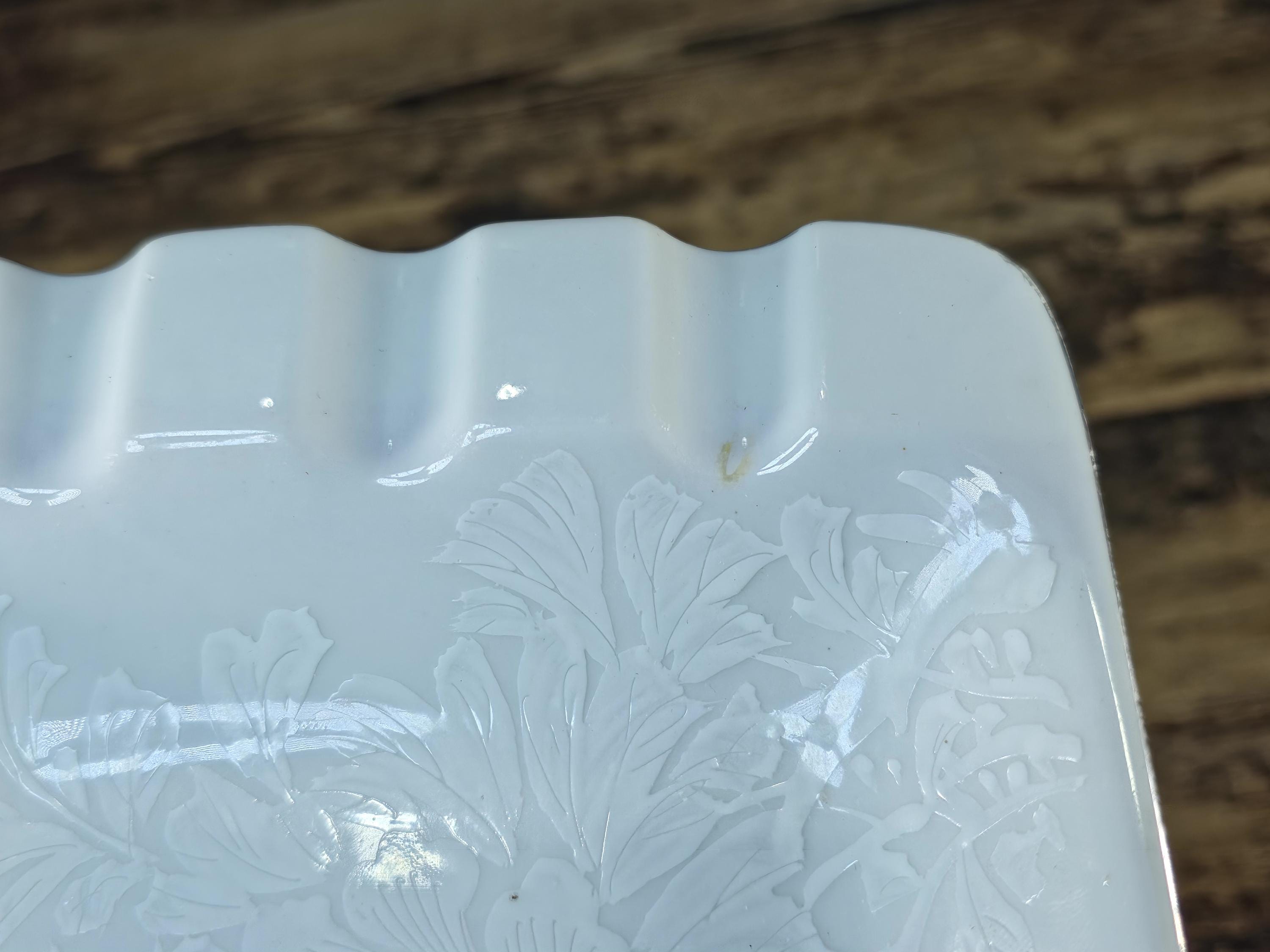 Kutani Japan White Porcelain Ashtray with Raised Chrysanthemum & Silver Trim