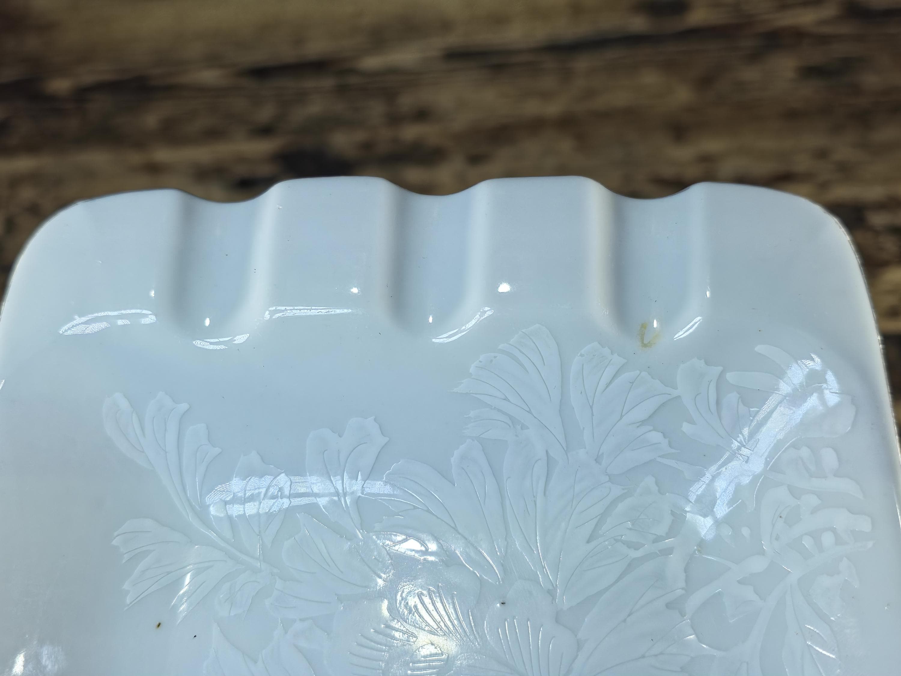 Kutani Japan White Porcelain Ashtray with Raised Chrysanthemum & Silver Trim