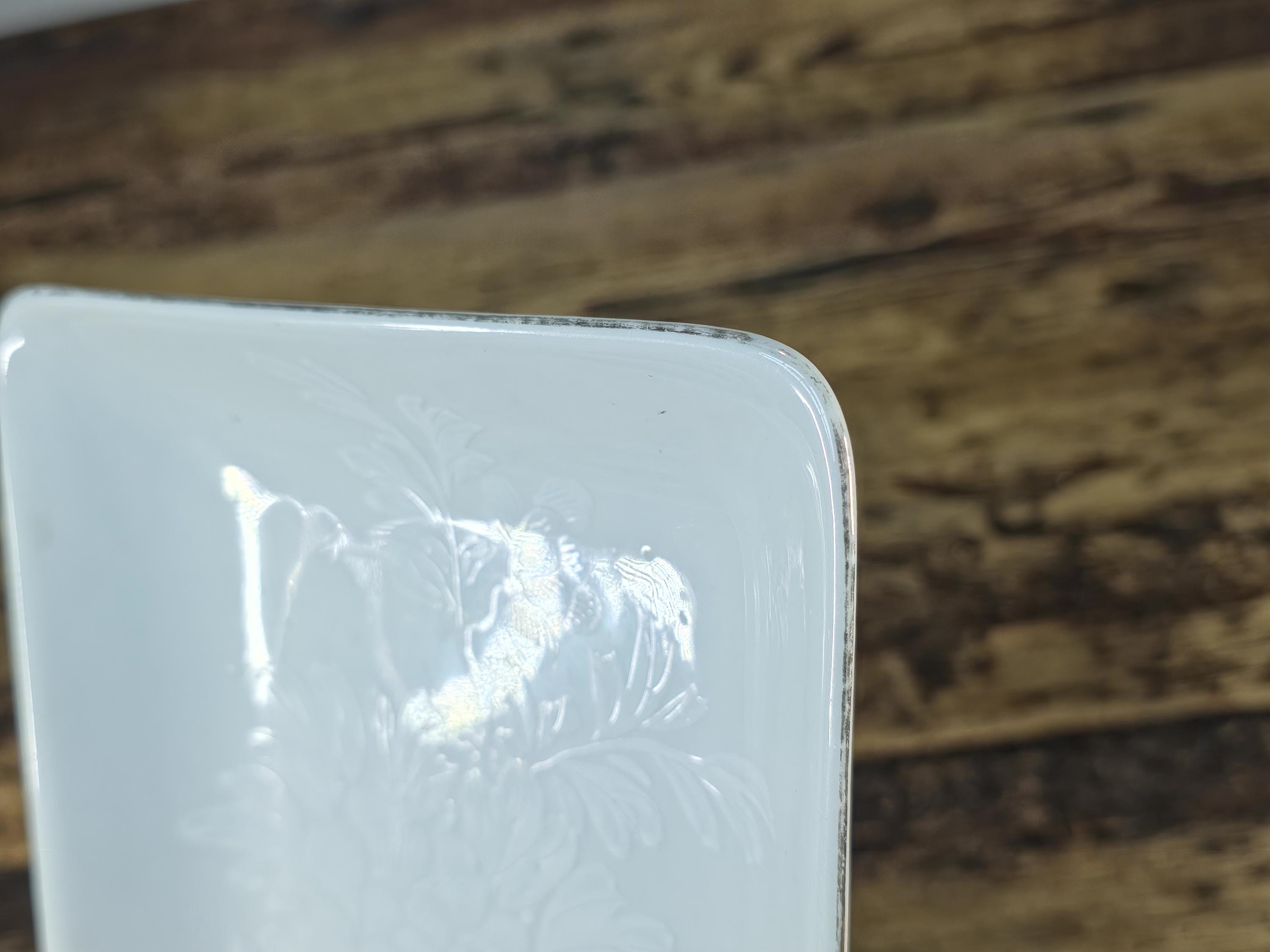 Kutani Japan White Porcelain Ashtray with Raised Chrysanthemum & Silver Trim