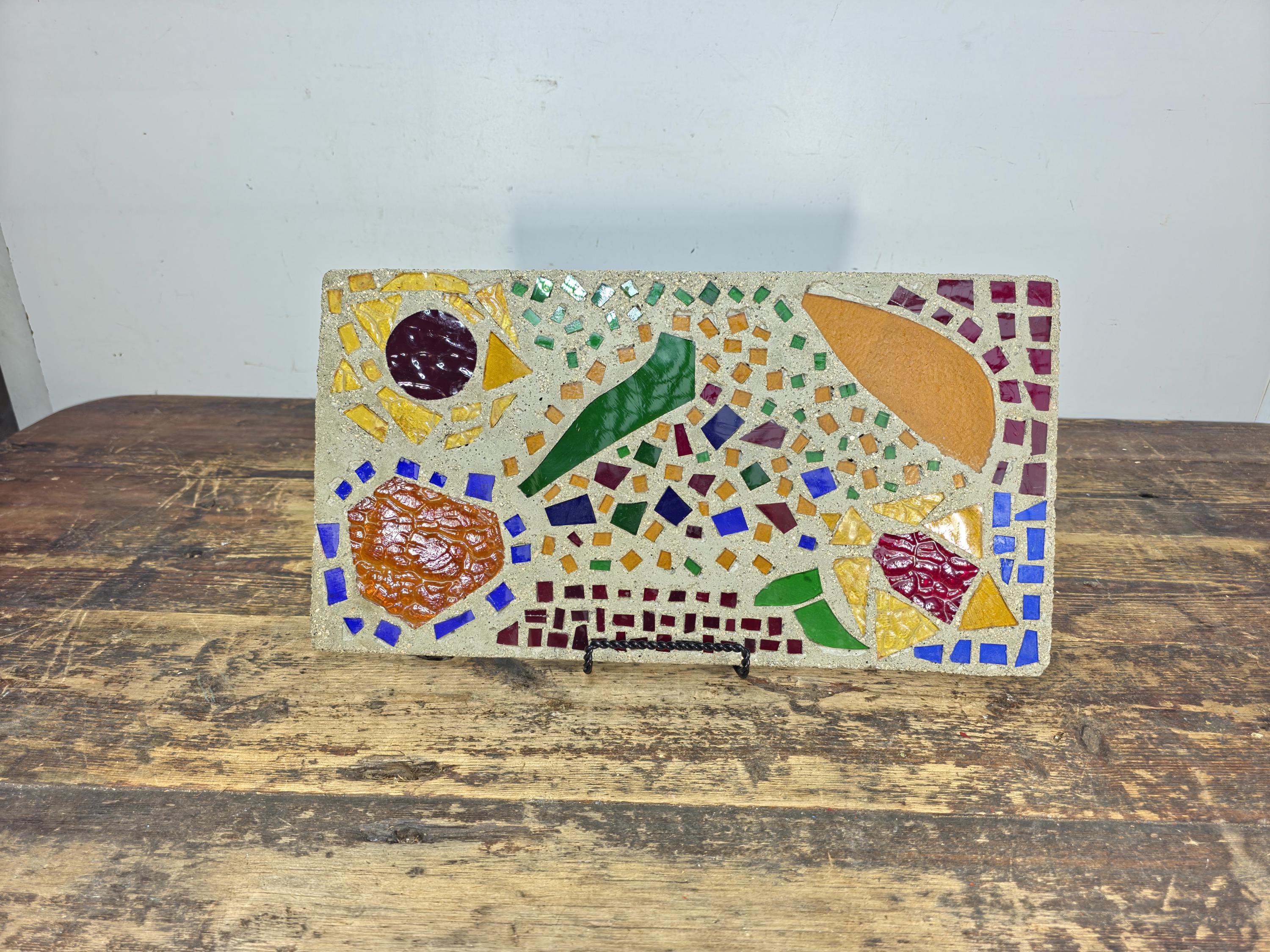 Glass Mosaic Art Tile Mid Century Style Abstract Colorful Wall Plaque 16.25" L × 9" W 7.2lb.