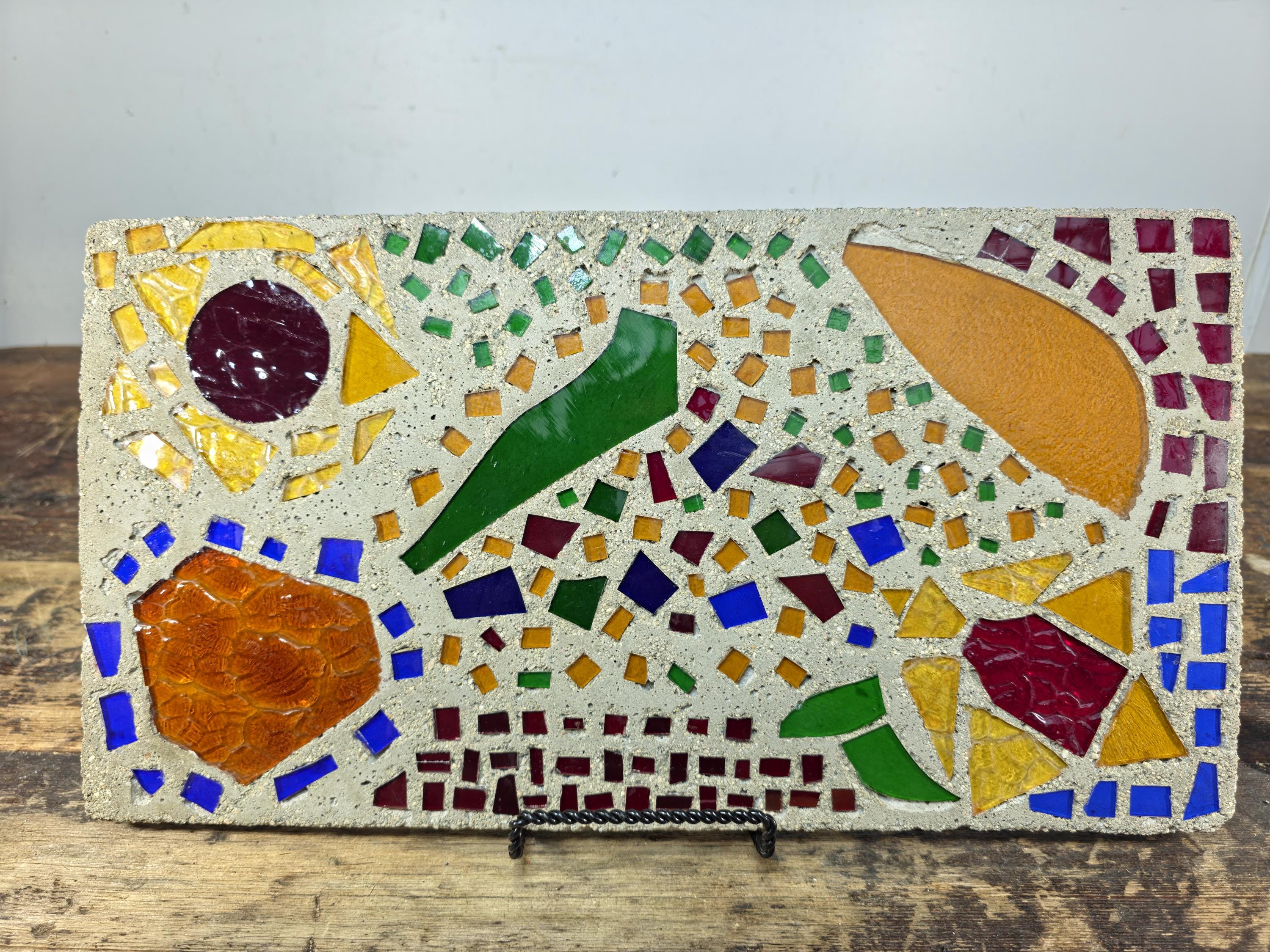 Glass Mosaic Art Tile Mid Century Style Abstract Colorful Wall Plaque 16.25" L × 9" W 7.2lb.