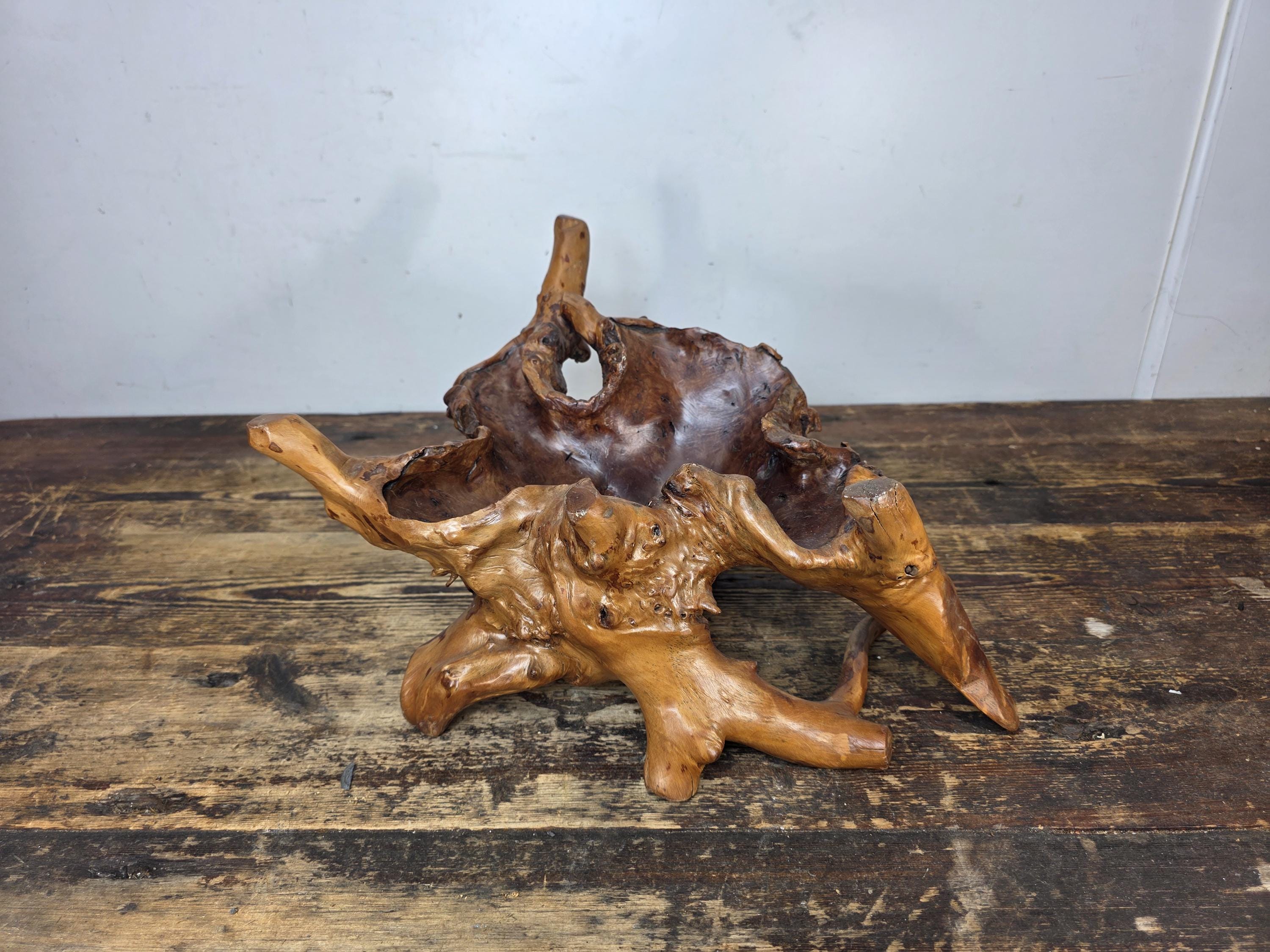 Vintage Hand-Carved Burl Wood Root Bowl / Sculpture — Natural Freeform 17" x 11"