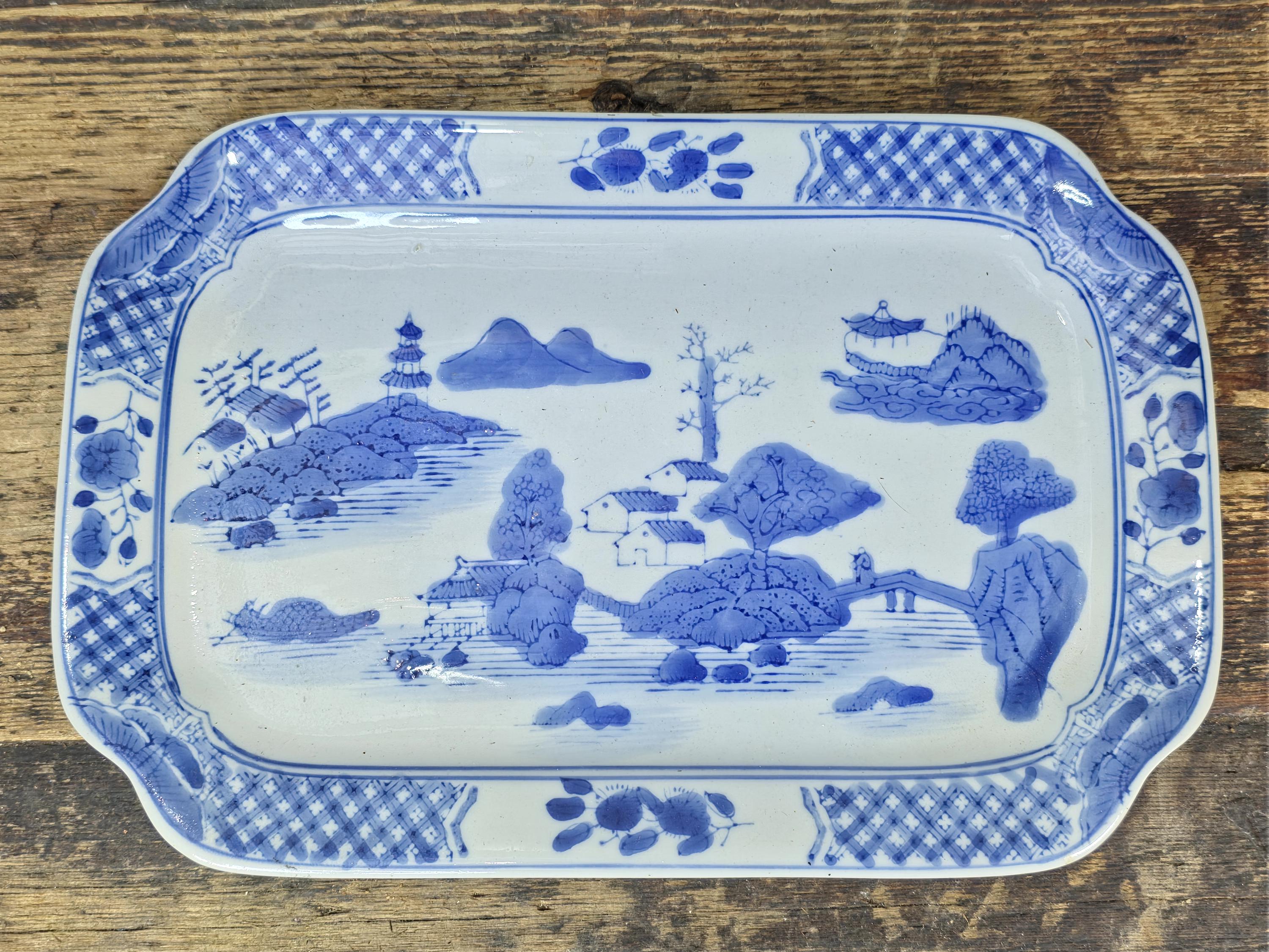 Blue & White Decorative Platter — Oriental Landscape Design — 11" x 7.5"