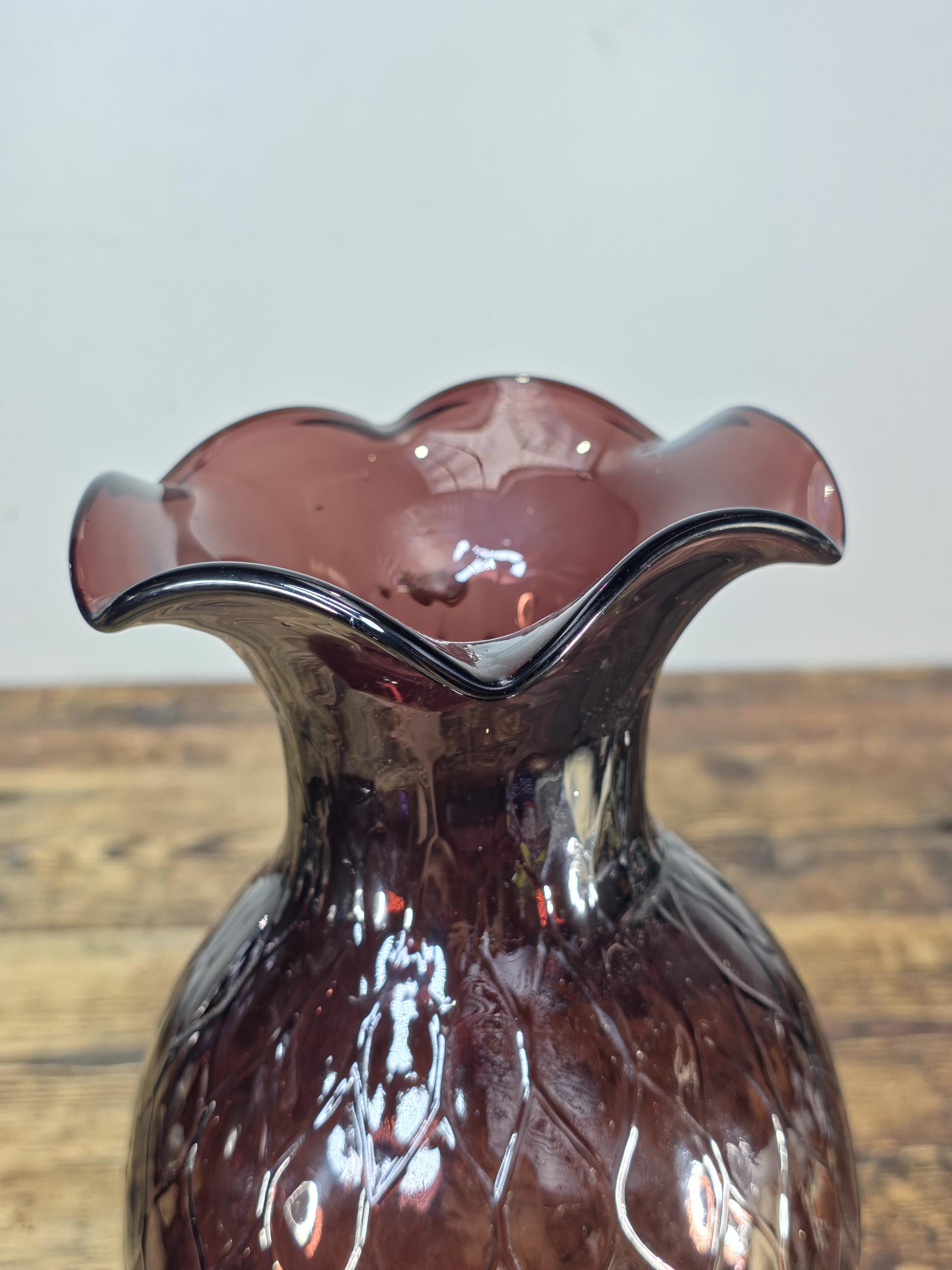 Mid-Century Amethyst Diamond Optic Glass Vase 12.5" — Empoli Style Hand-Blown
