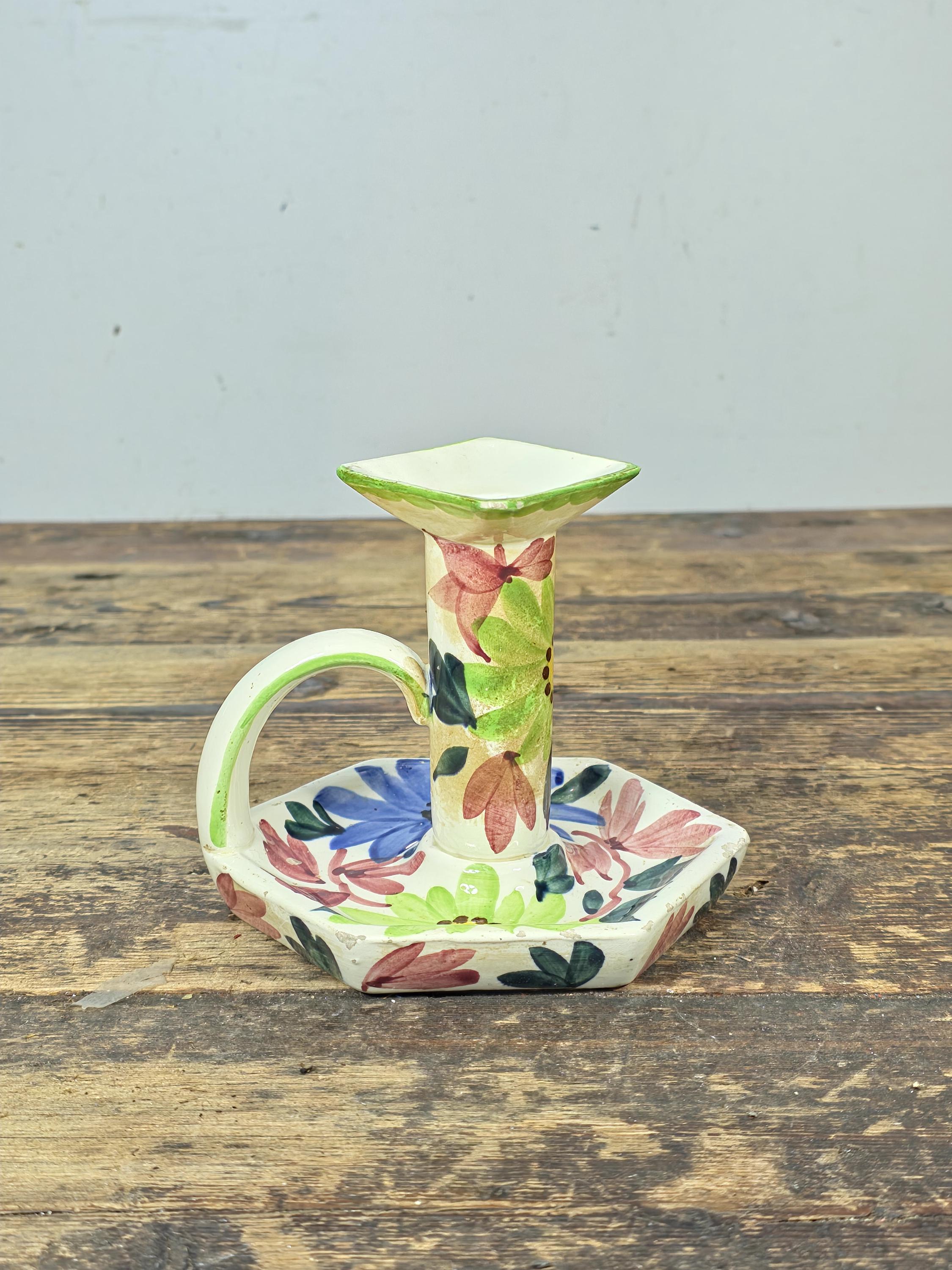 Vintage SMF Schramberg Handpainted Floral Chamberstick Candle Holder Germany