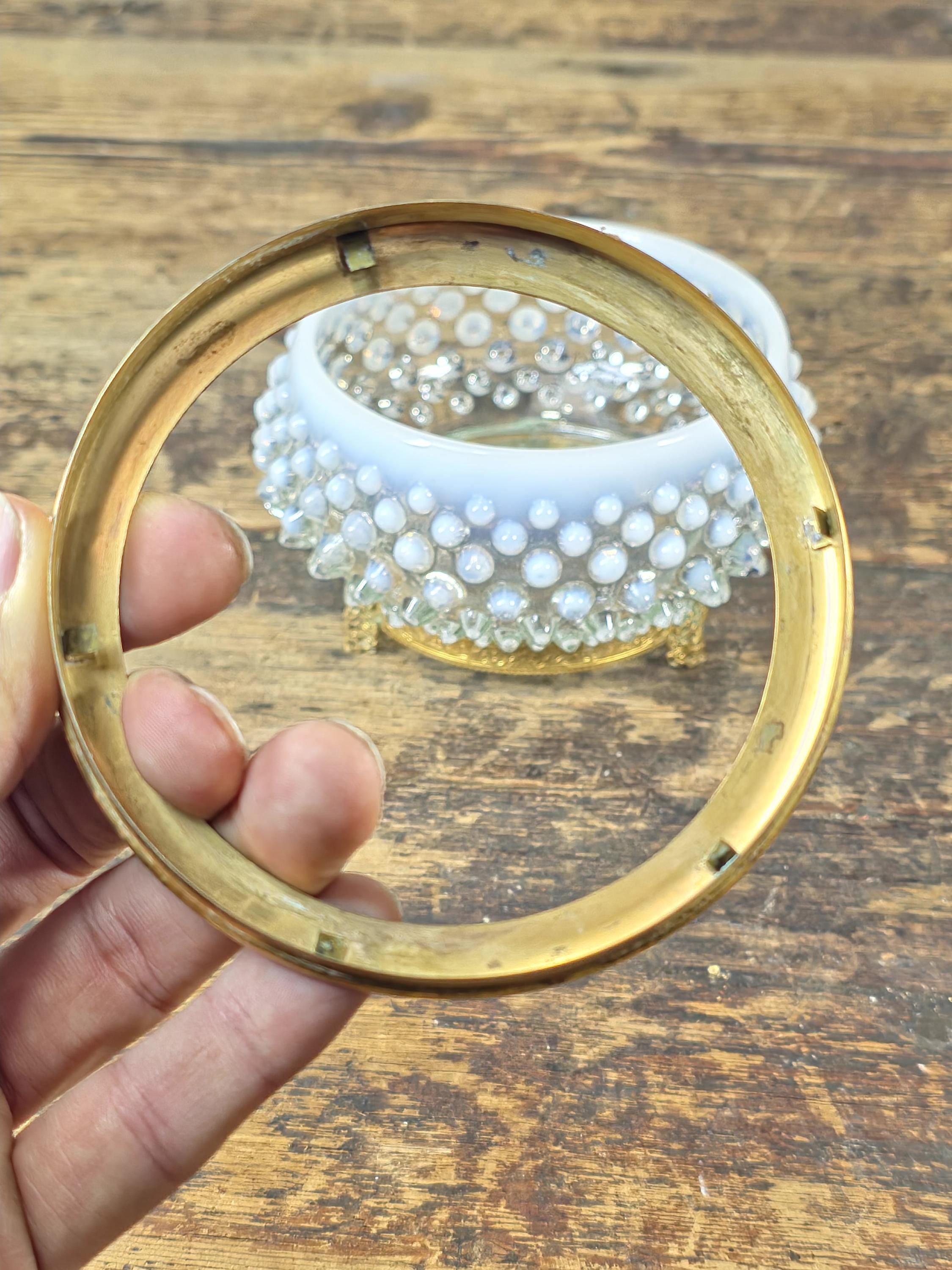 Vintage Opalescent Hobnail Glass Bowl with Fixed Ornate Brass Stand