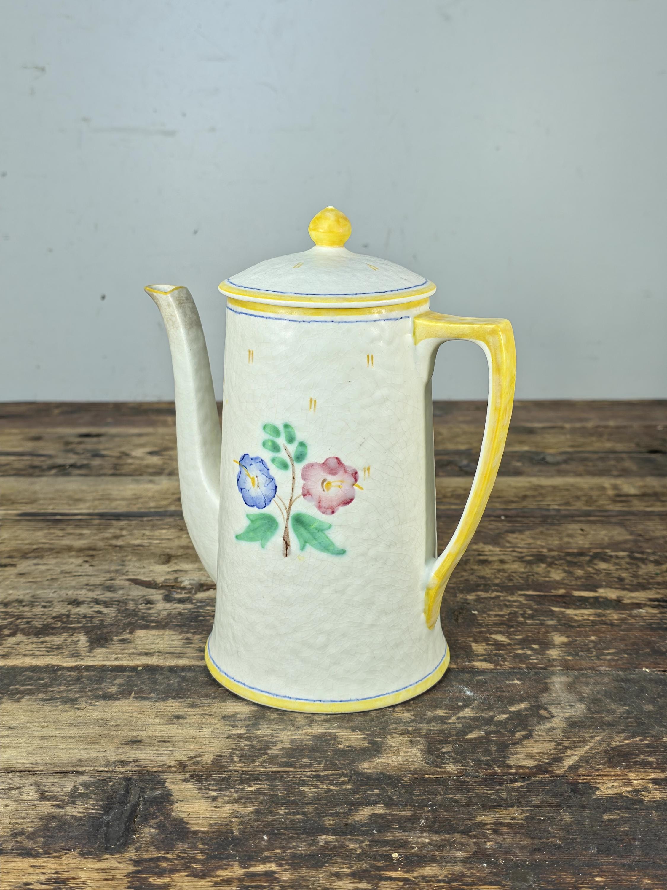 Crown Ducal Snow Glaze Coffee Pot 2lb Hand Painted Floral England Vintage
