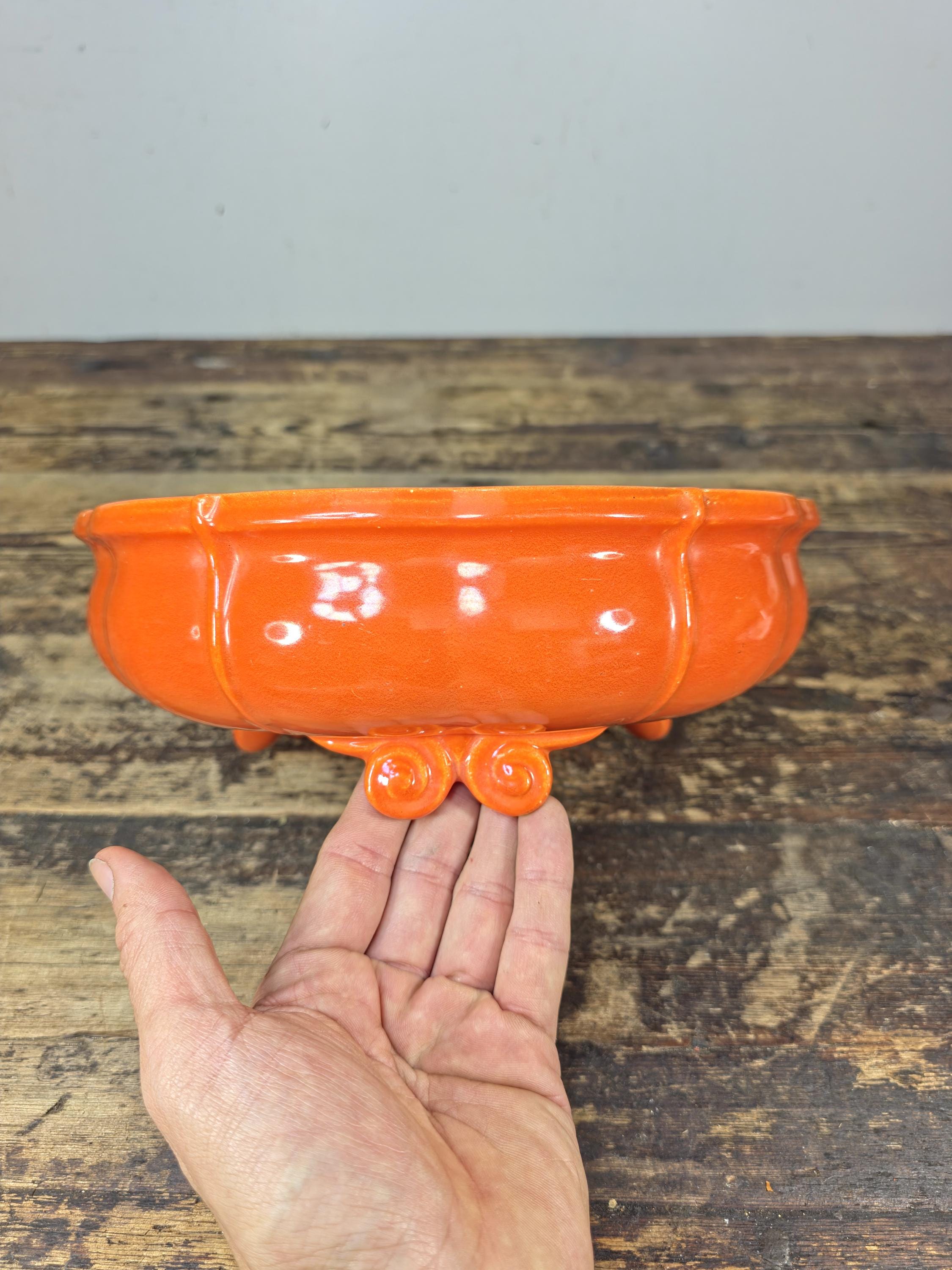 Vintage GMB USA Footed Ceramic Bowl / Planter – Orange Mid-Century
