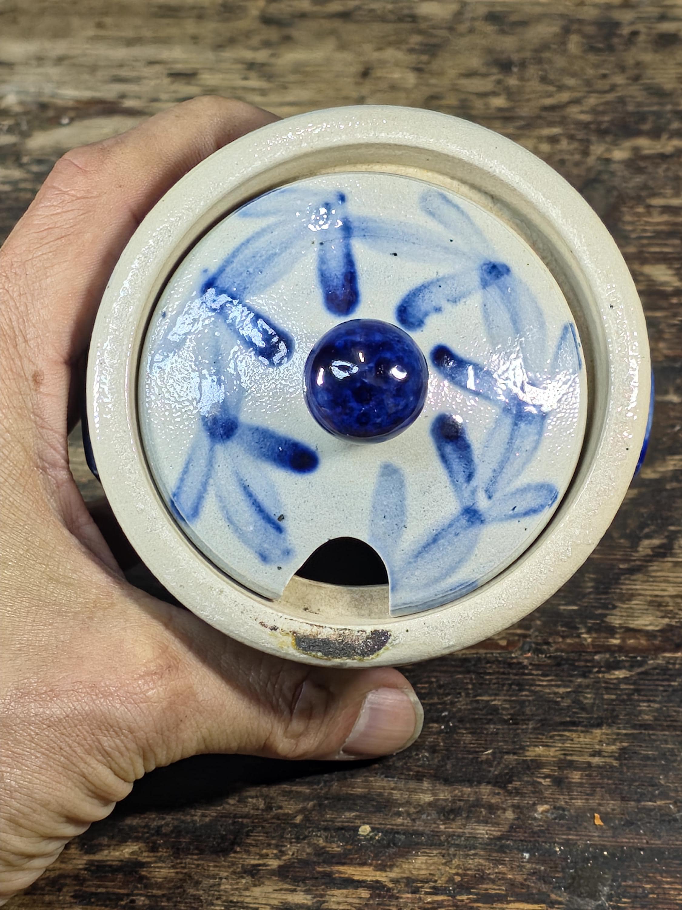 Small Blue & White Stoneware Crock with Lid – Hand Painted Folk Pottery 4" Jar