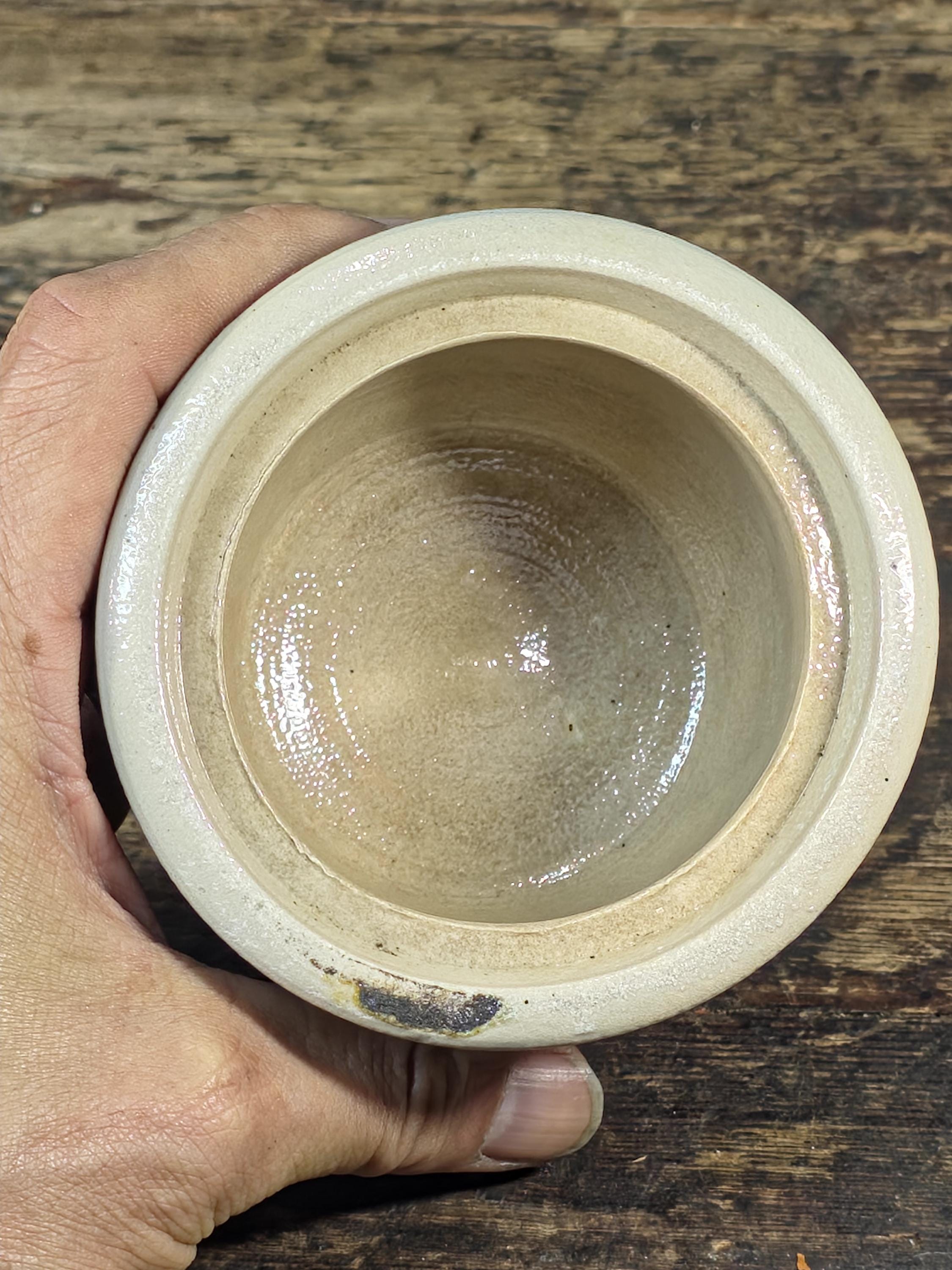 Small Blue & White Stoneware Crock with Lid – Hand Painted Folk Pottery 4" Jar