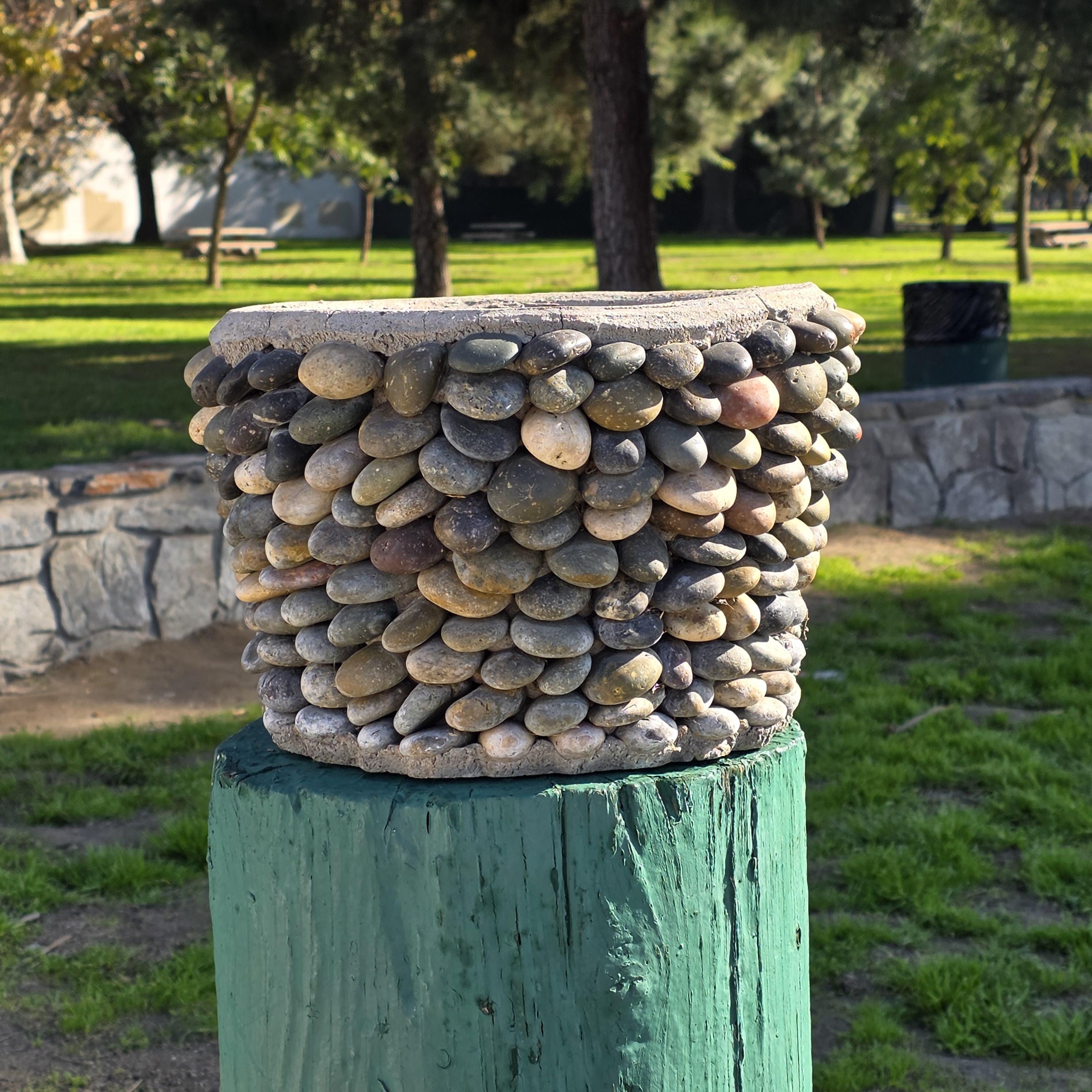Vintage Hand-Made River Rock Concrete Planter – 13"Dia x 8.75"H - Heavy 43lb.